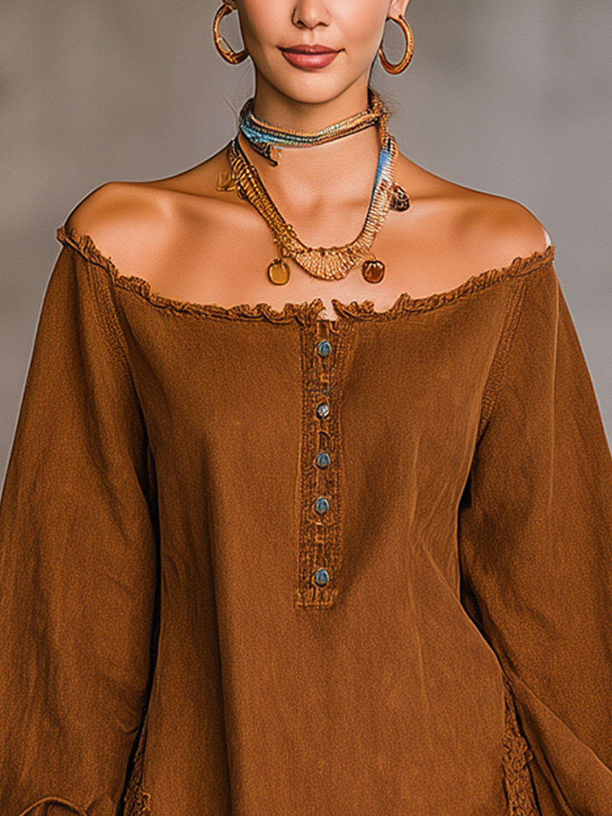 Brown Off-Shoulder Denim Fringe Lace Mini Dress