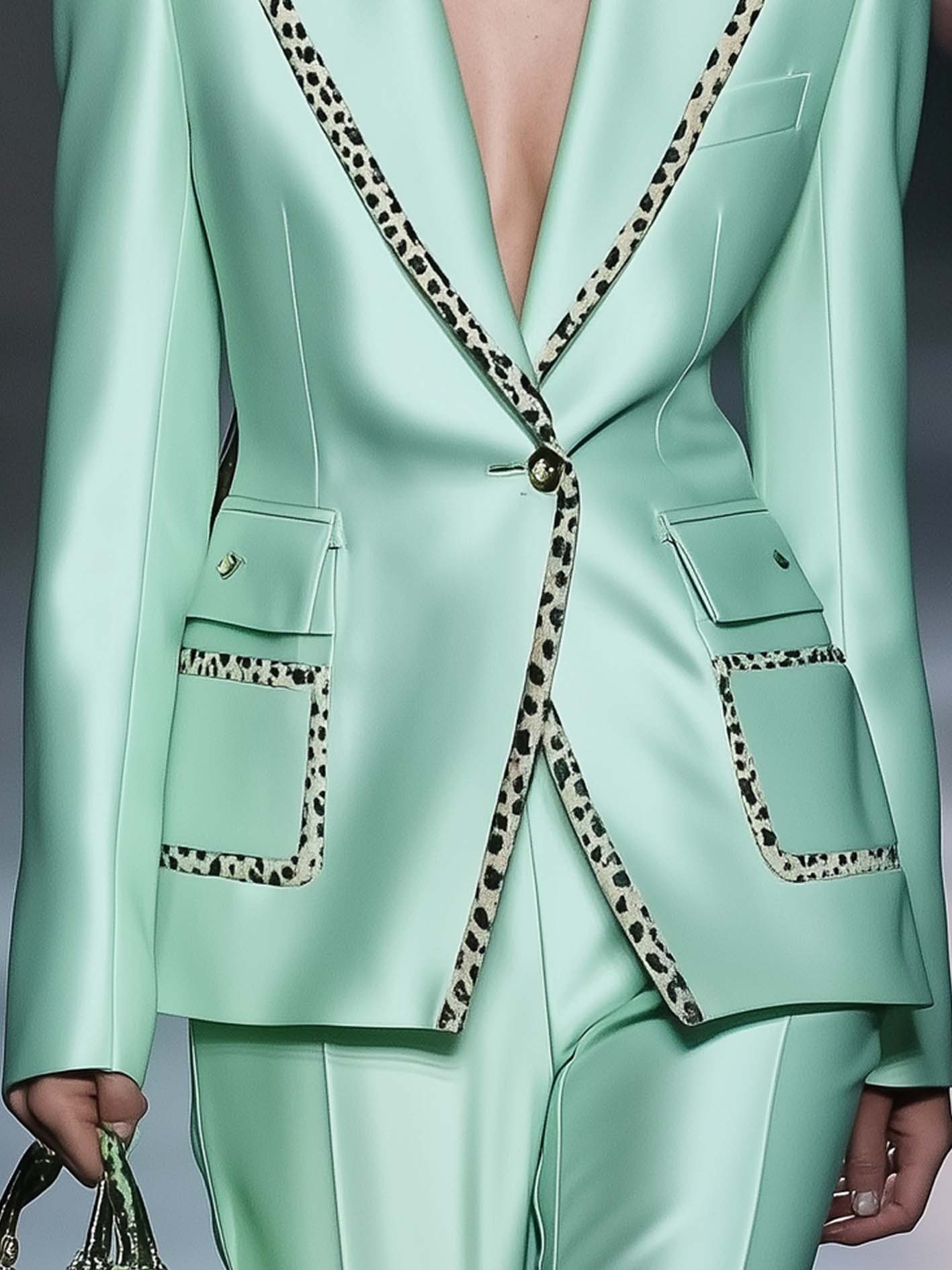 Mint Green Satin Blazer With Leopard Print Trim