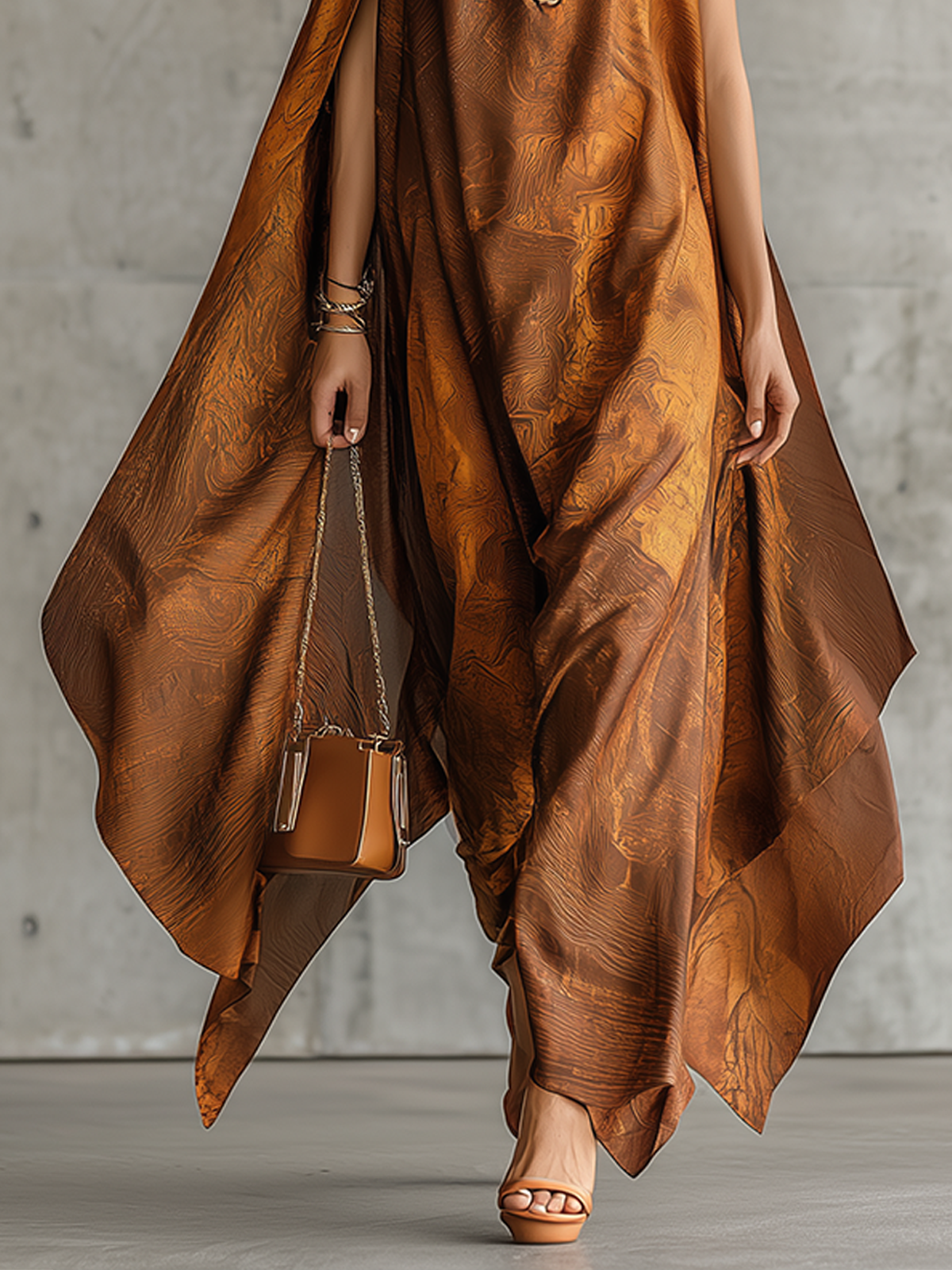Brown Halter Neck Draped Satin Maxi Dress