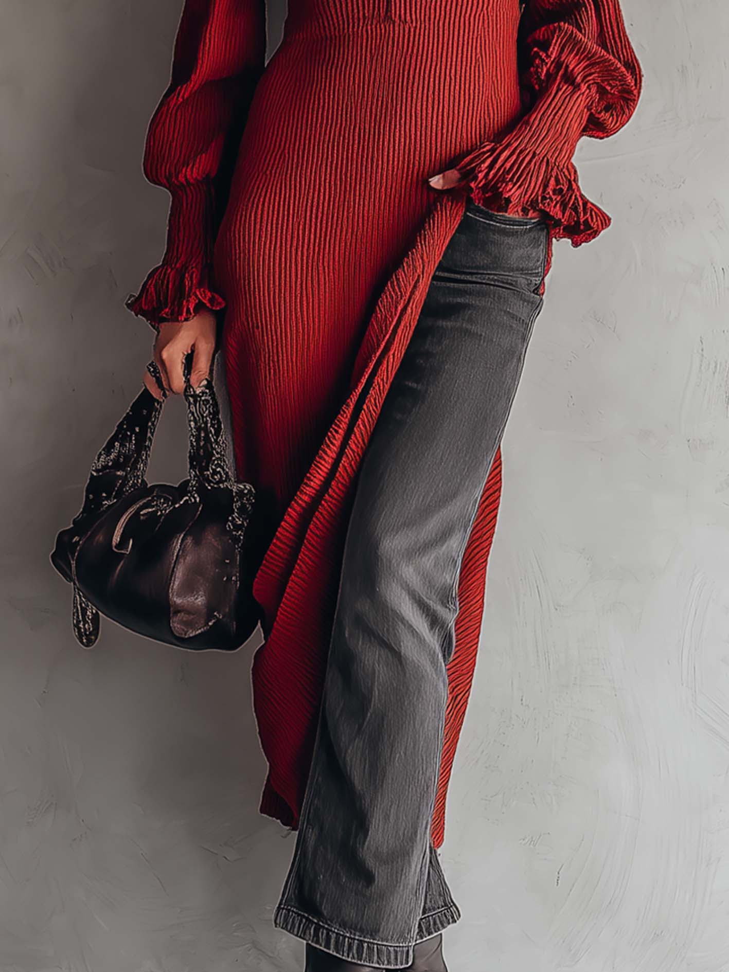 Dark Red Knit Midi Dress With Ruffled Cuffs And Side Slit