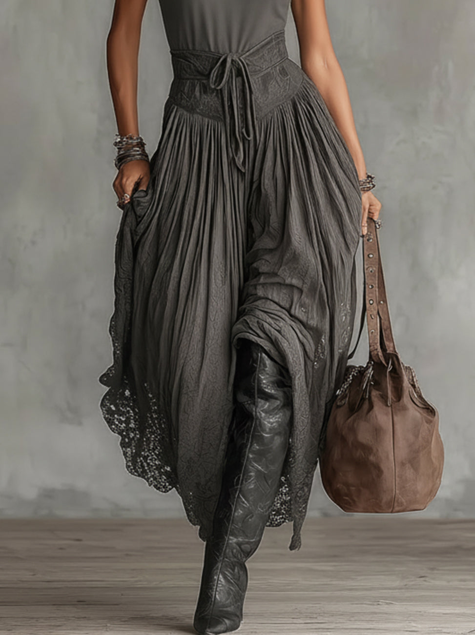 Gray Mock Neck Sleeveless High-Waist Lace-Trim Maxi Dress