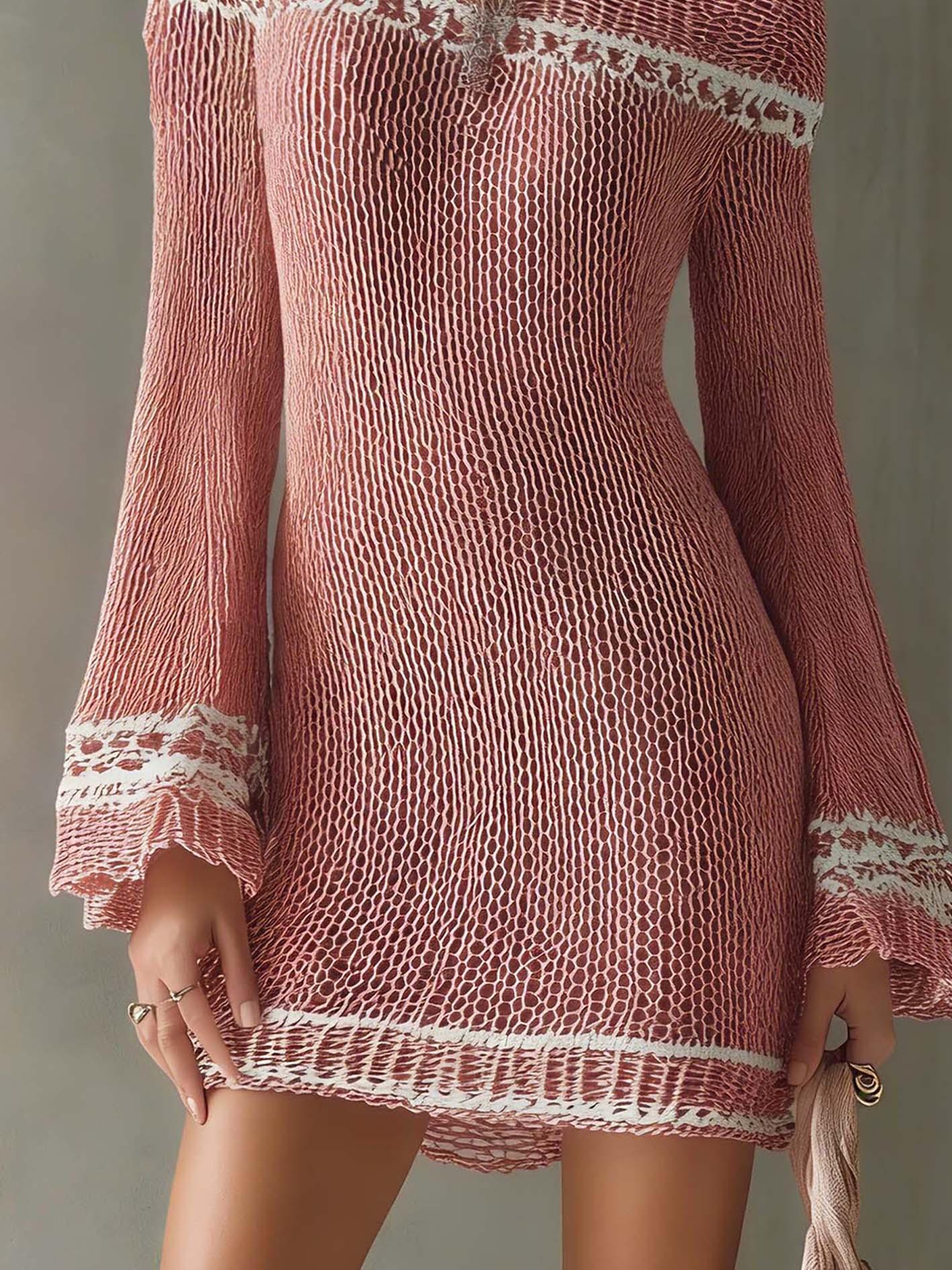 Pink Knit Mini Dress With White Trim