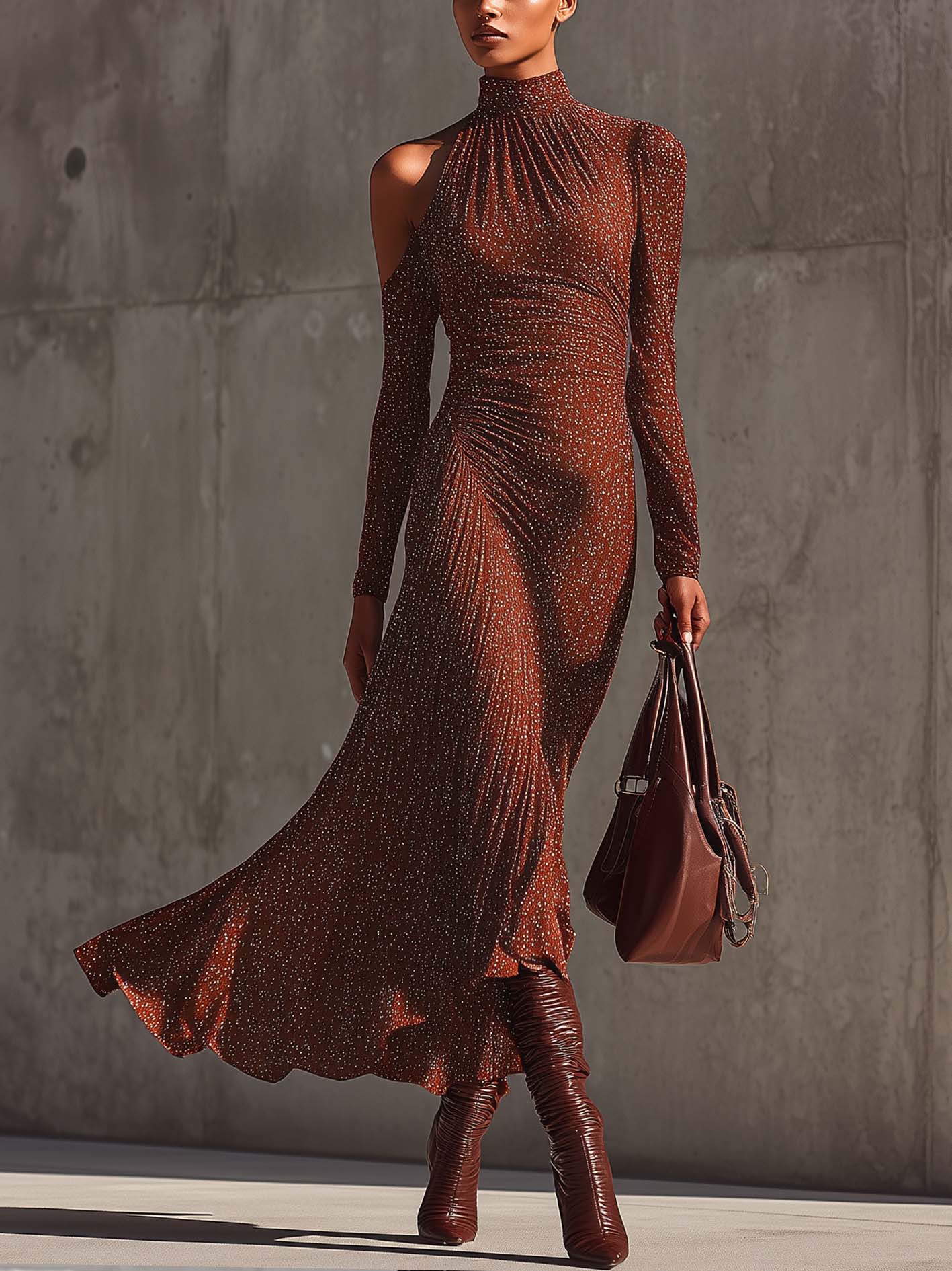 Shimmer Rust Brown Cold Shoulder Bodycon Dress