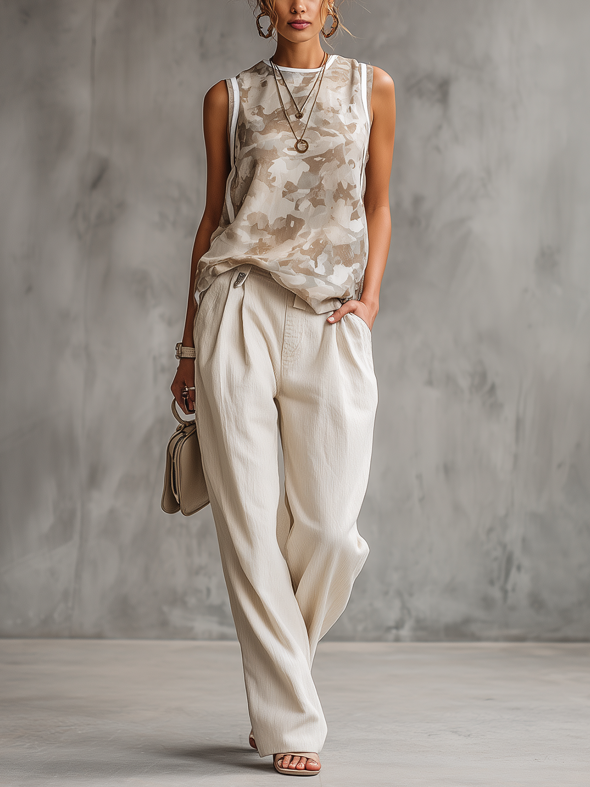 White Camouflage Sleeveless Top And Wide-Leg Trouser Set