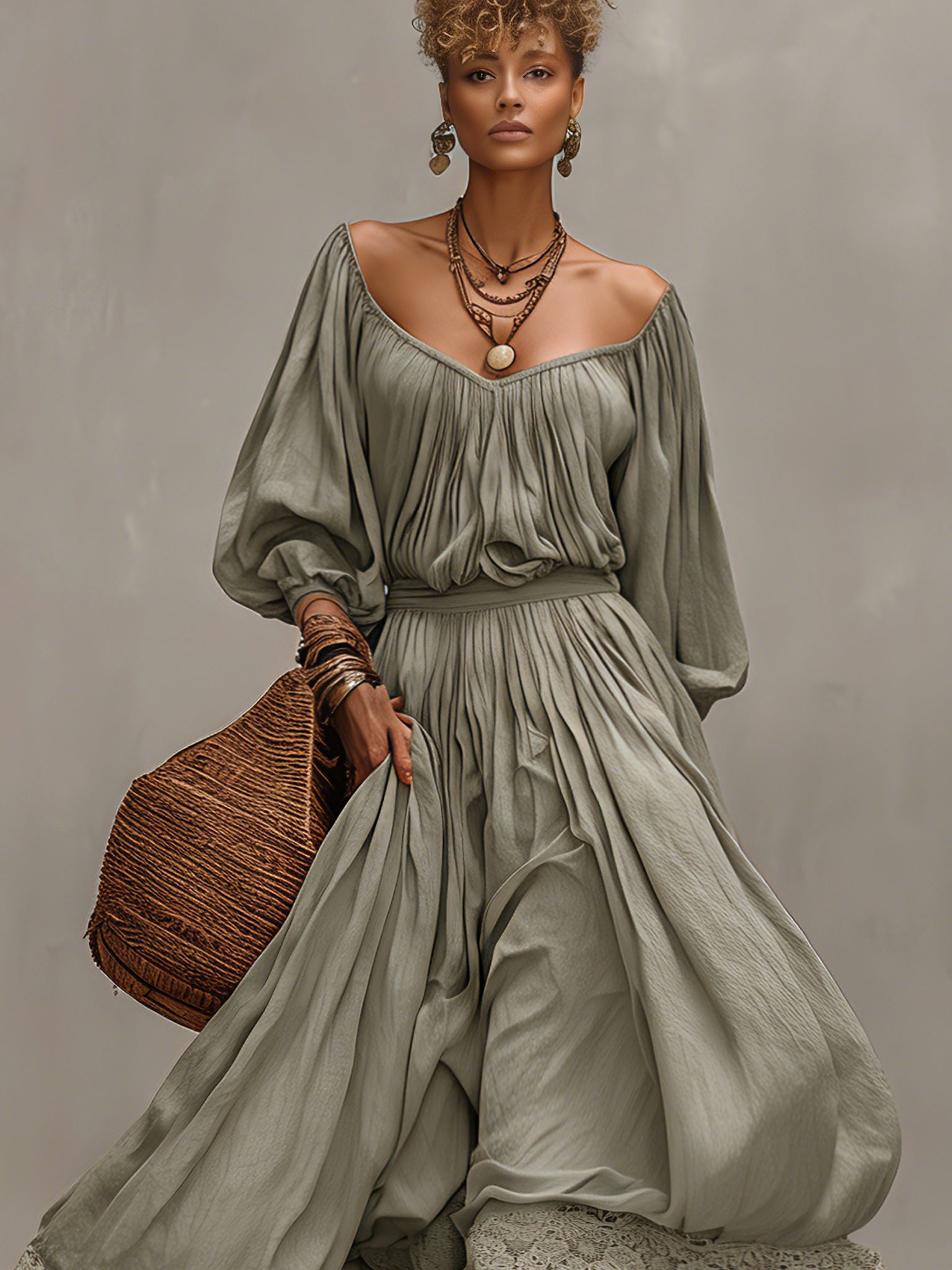 Green Deep V-Neck Linen Blend Dress With Lace Hem