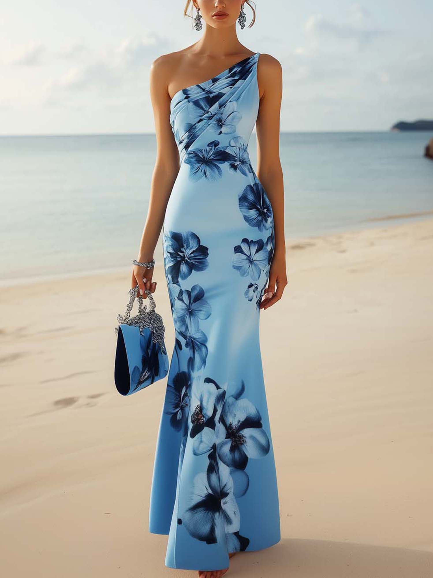 24-Hour-Shipping One Shoulder Light Blue Bodycon Dress With Blue Gradient Floral Print