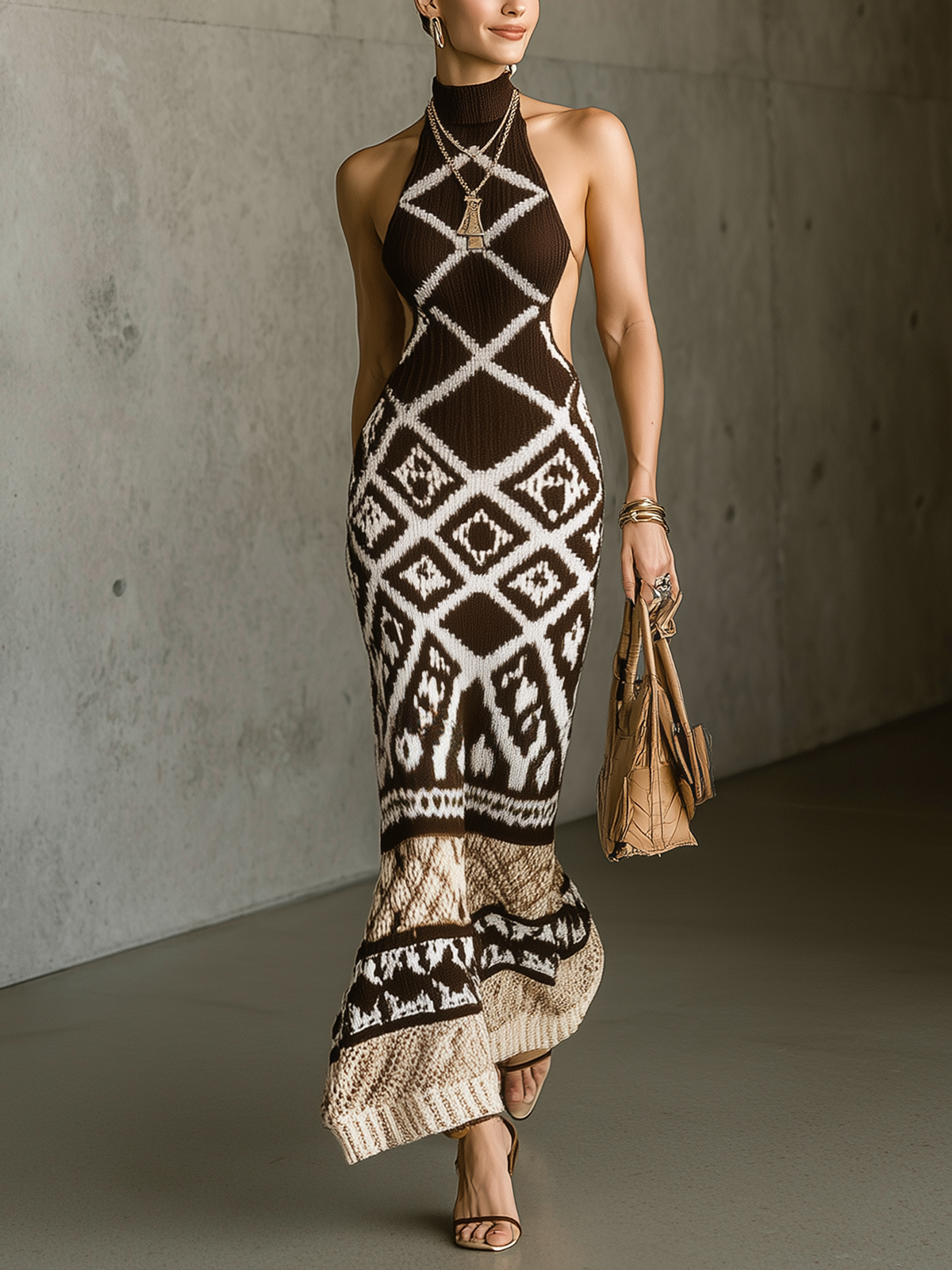 Brown Geometric Knit Halter Maxi Dress