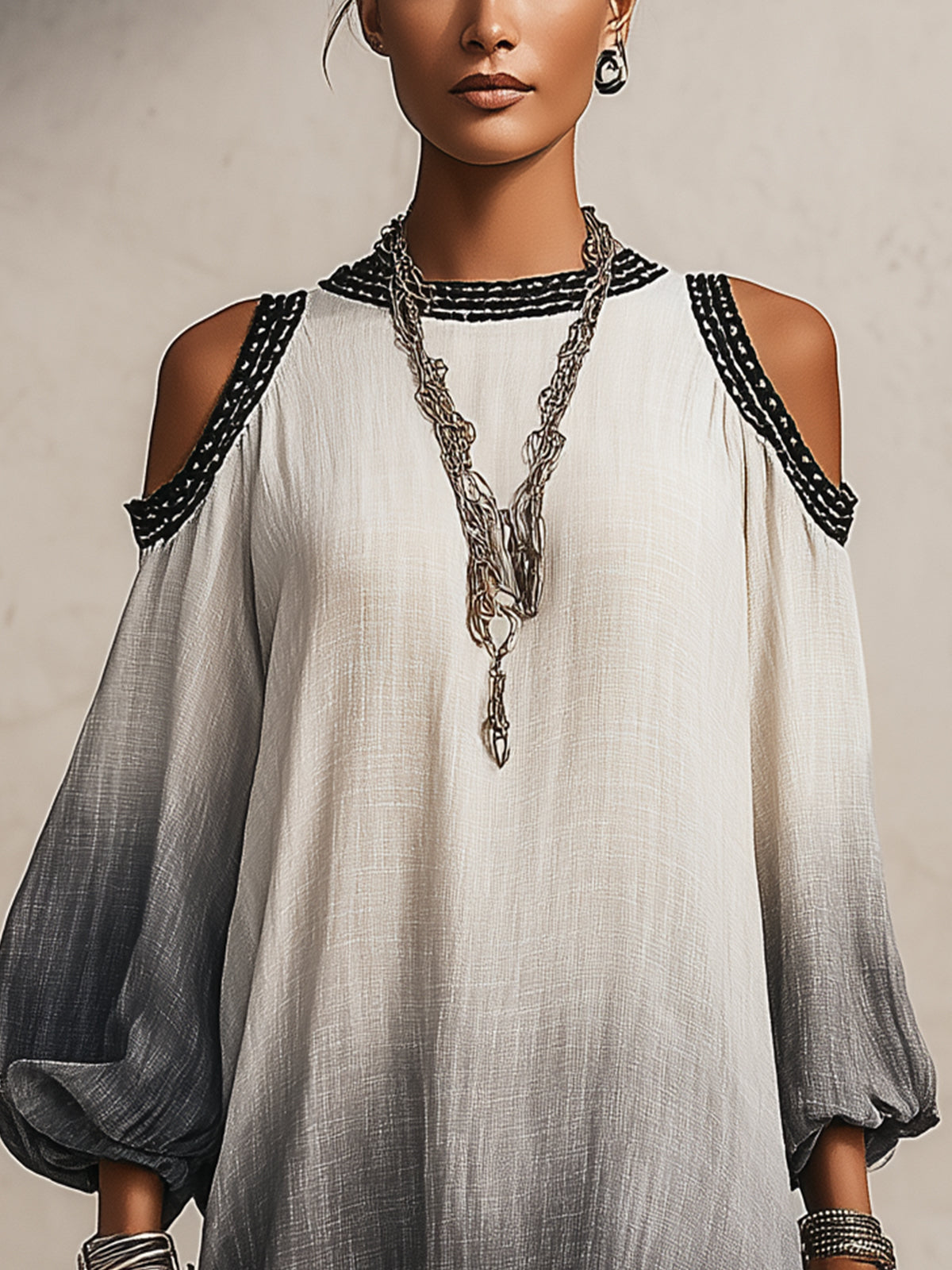 Ombre Cold Shoulder Balloon Sleeve Mini Dress