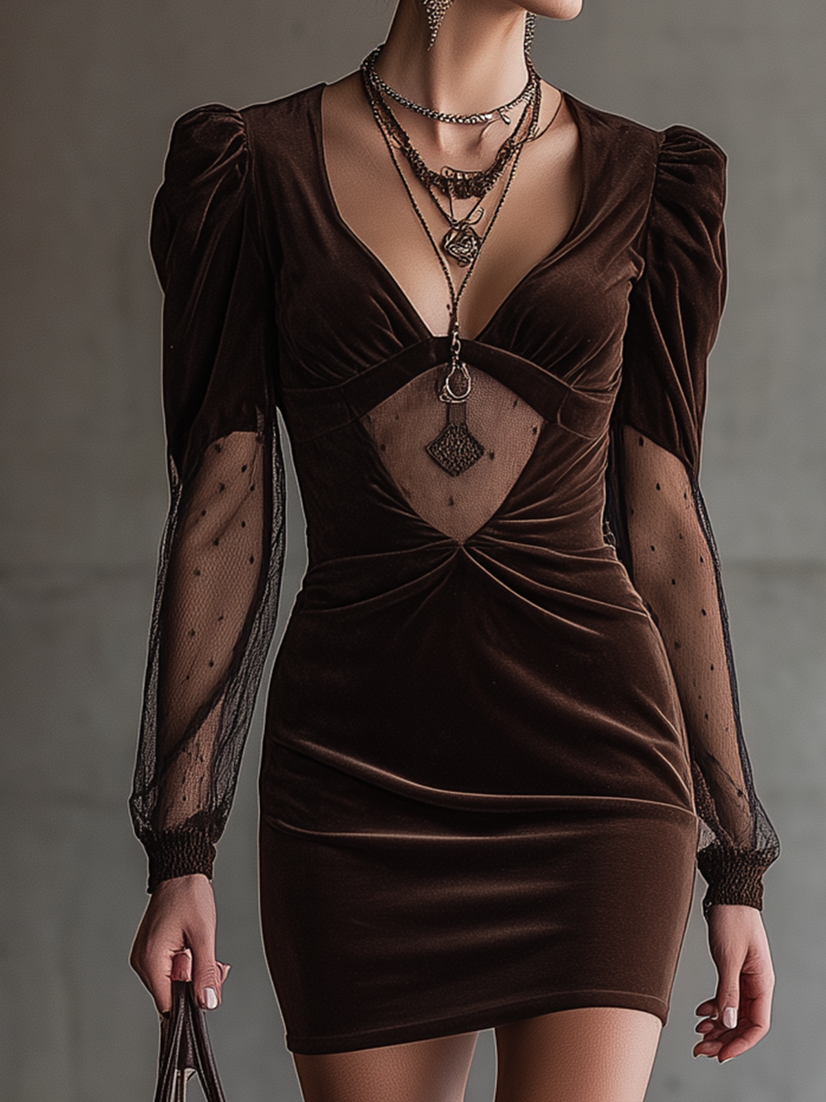 Brown Velvet Sheer Sleeve Deep V-Neck Mini Dress