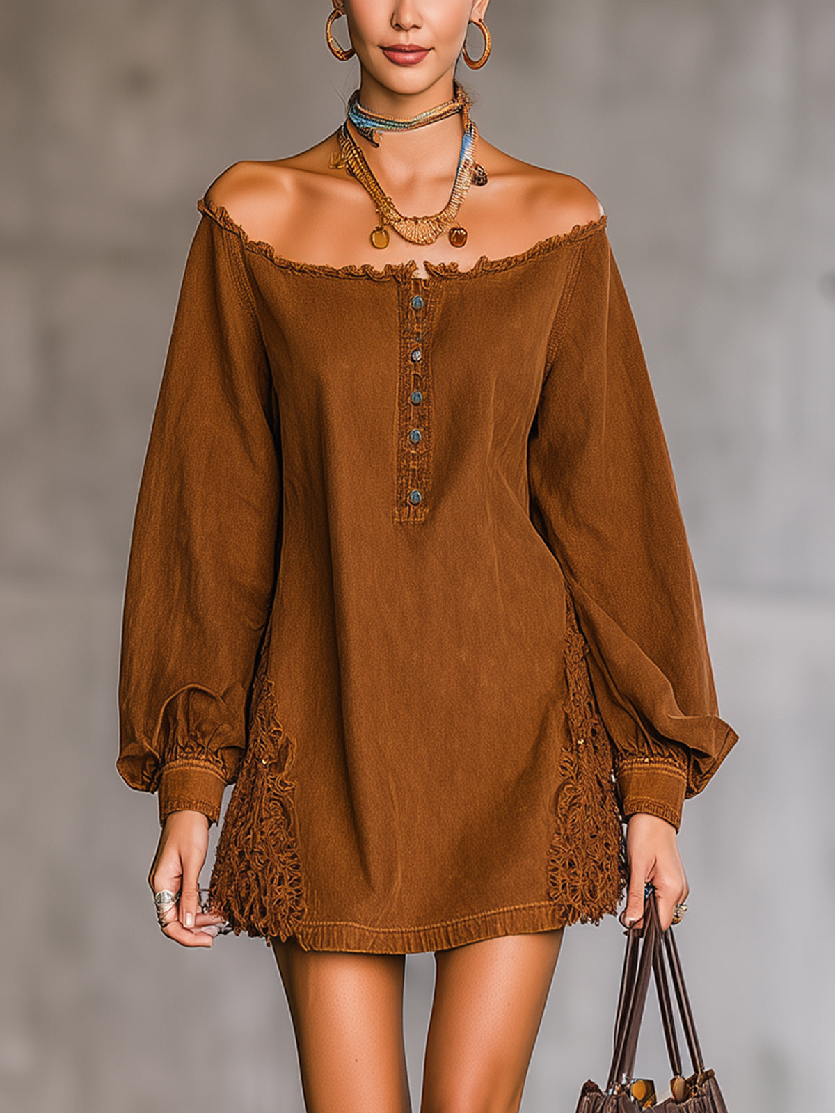 Brown Off-Shoulder Denim Fringe Lace Mini Dress