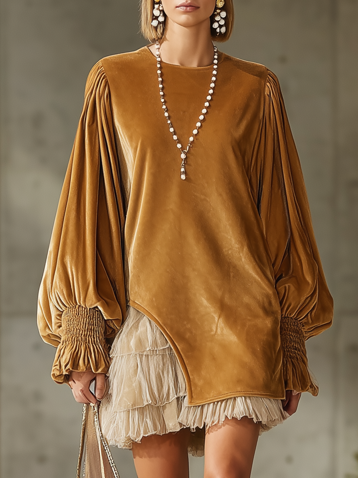 Golden Velvet Puff Sleeve Layered Tulle Mini Dress