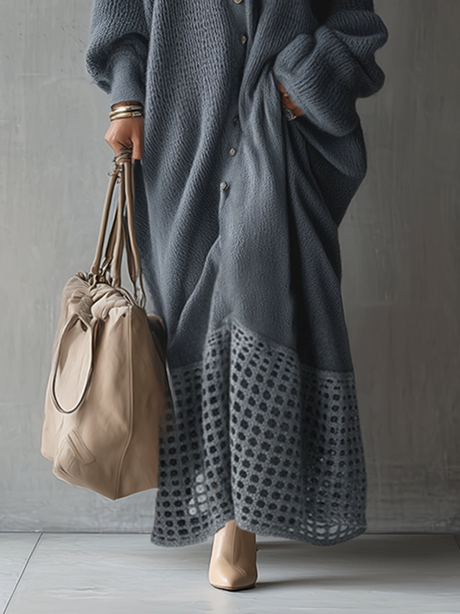 Blue Deep V-Neck Knit Maxi Dress With Openwork Hem