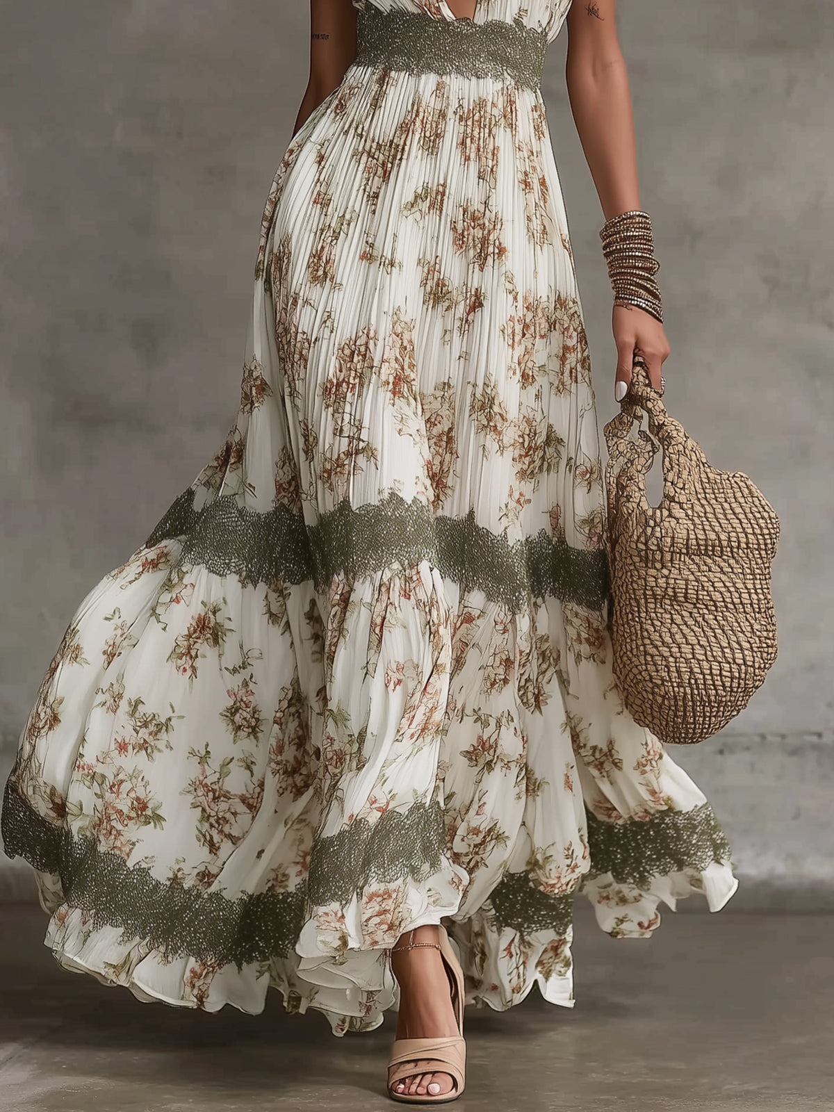 Floral Halter Pleated Maxi Dress With Lace Waist Detail