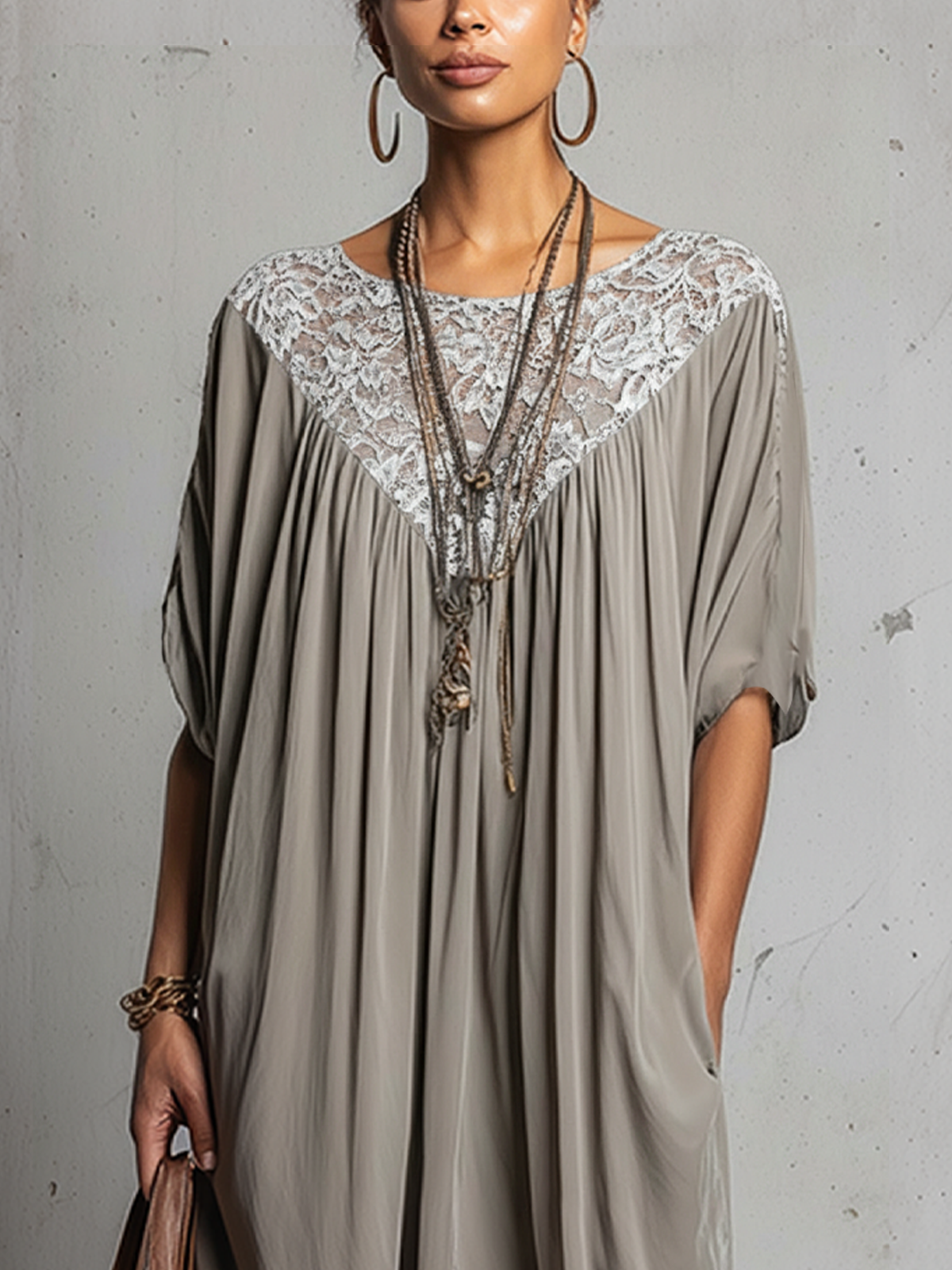 Gray Lace Yoke Draped Oversized Midi Dress