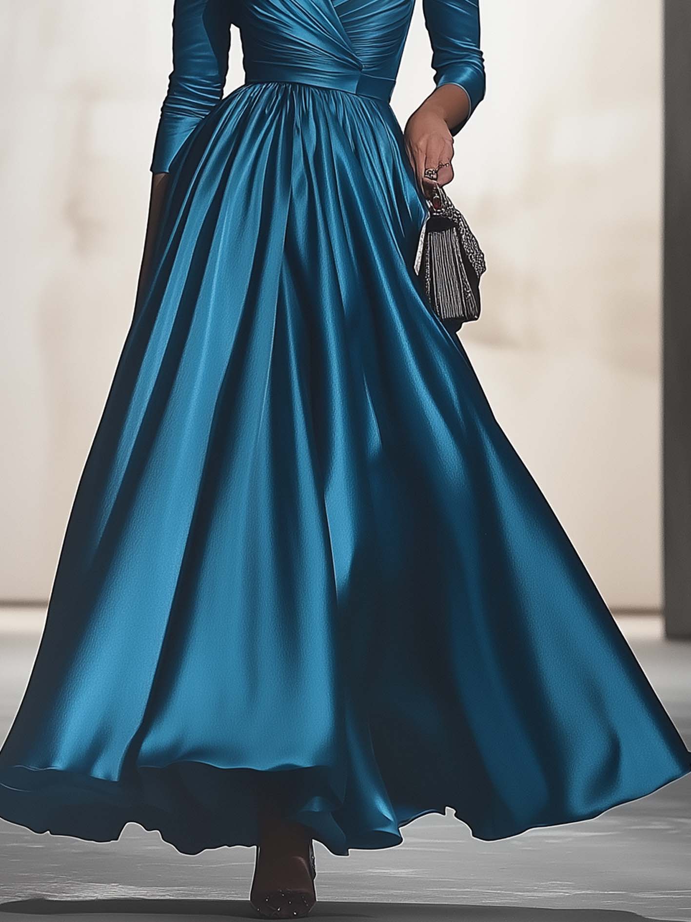Elegant Cyan Satin V-neck Maxi Dress