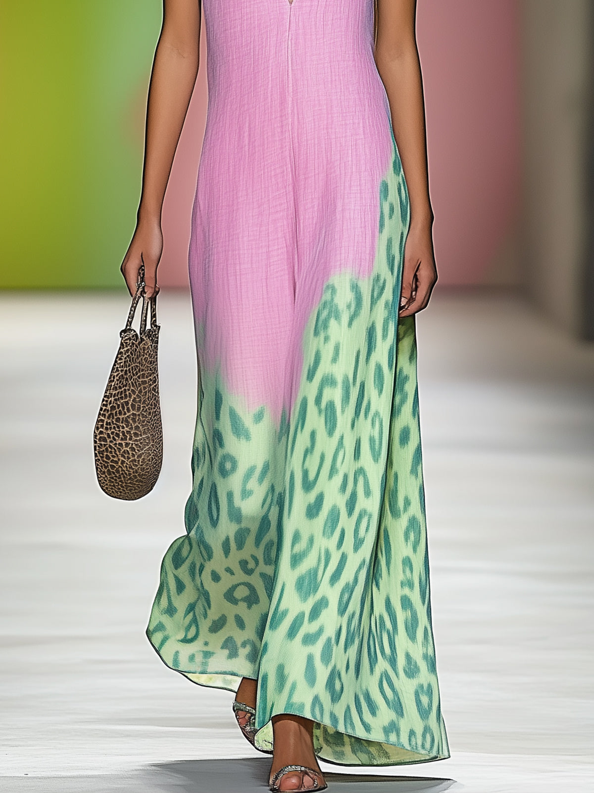 Chic Pink And Green Leopard Print Halter Flax Maxi Dress