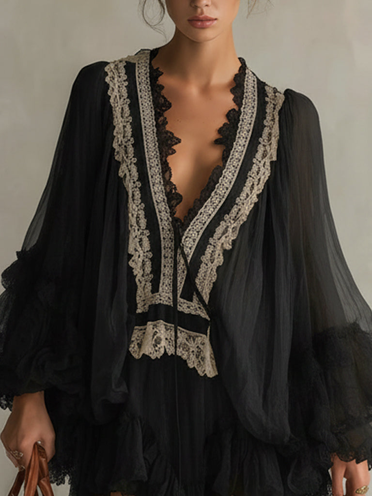 Black Chiffon Lace Deep V-Neck Mini Dress