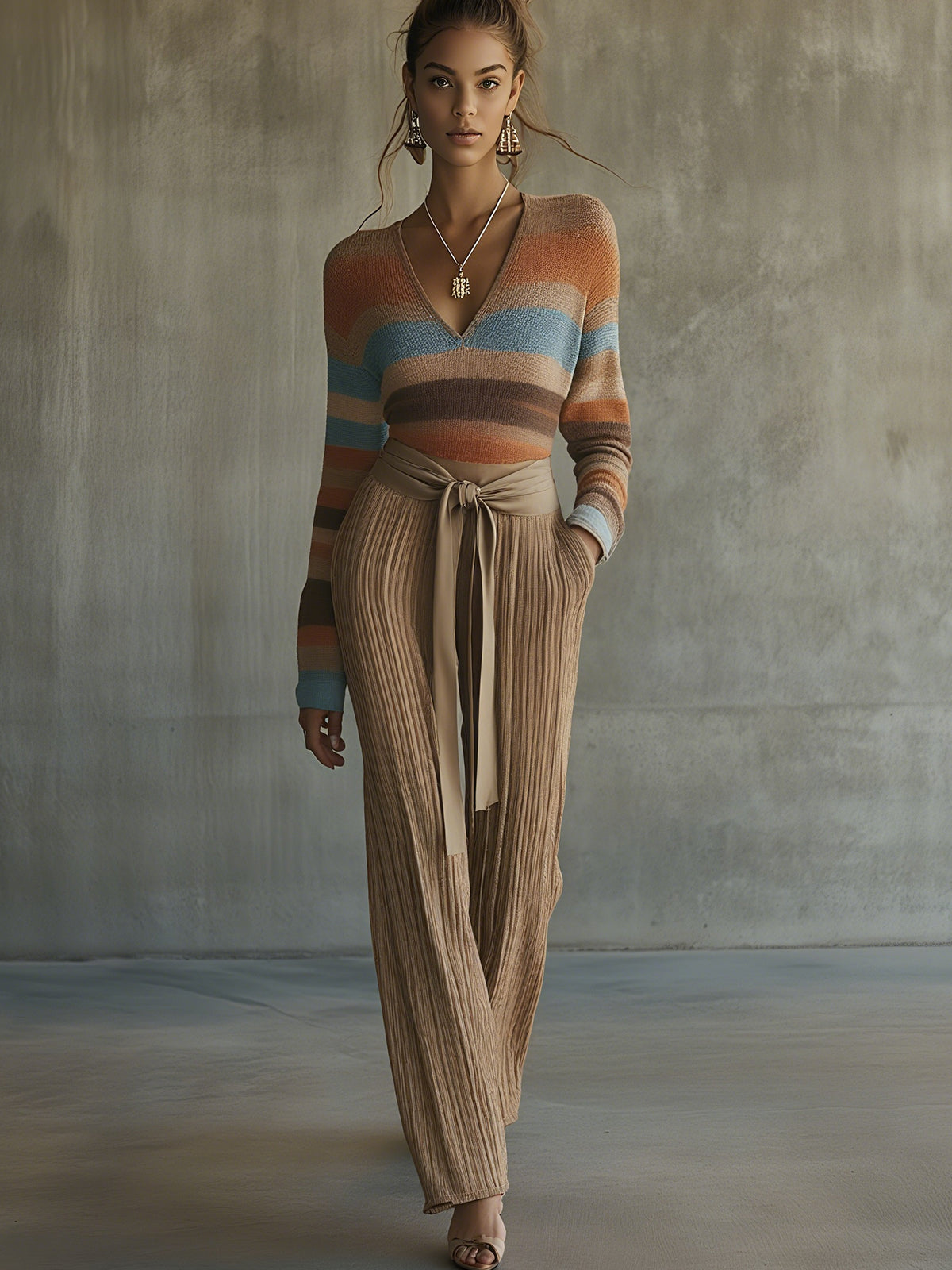 Striped Knit Top And Knit Pants Set
