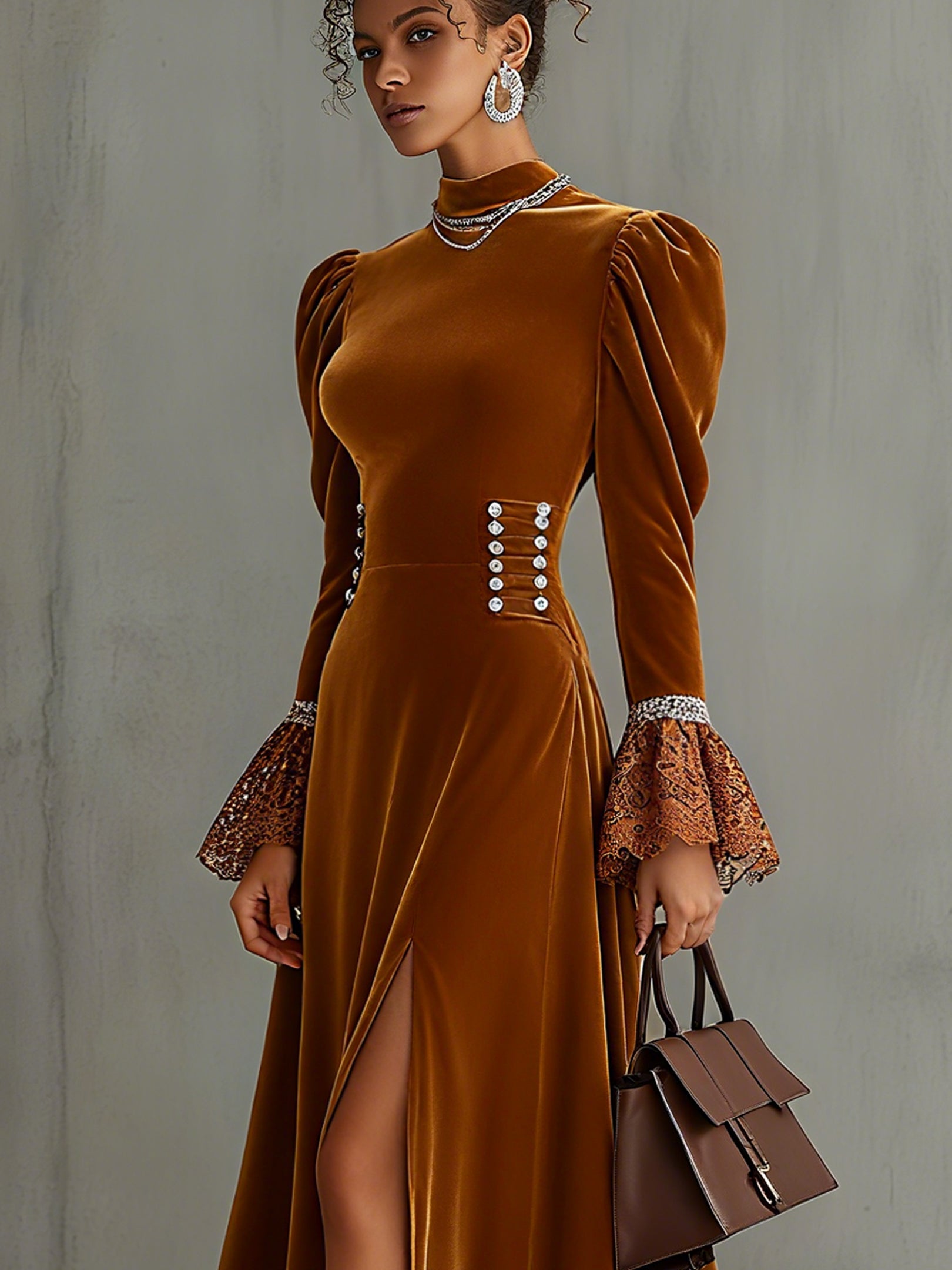 Brown Velvet A Line Long Sleeve Maxi Dress With Lace Cuffs