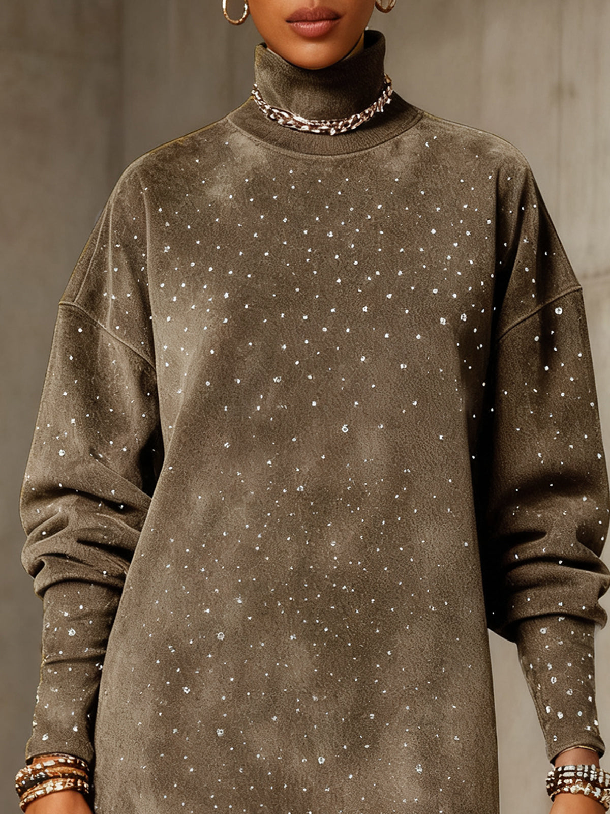 Gray Faux  Suede Turtleneck Dress With Fringe Hem