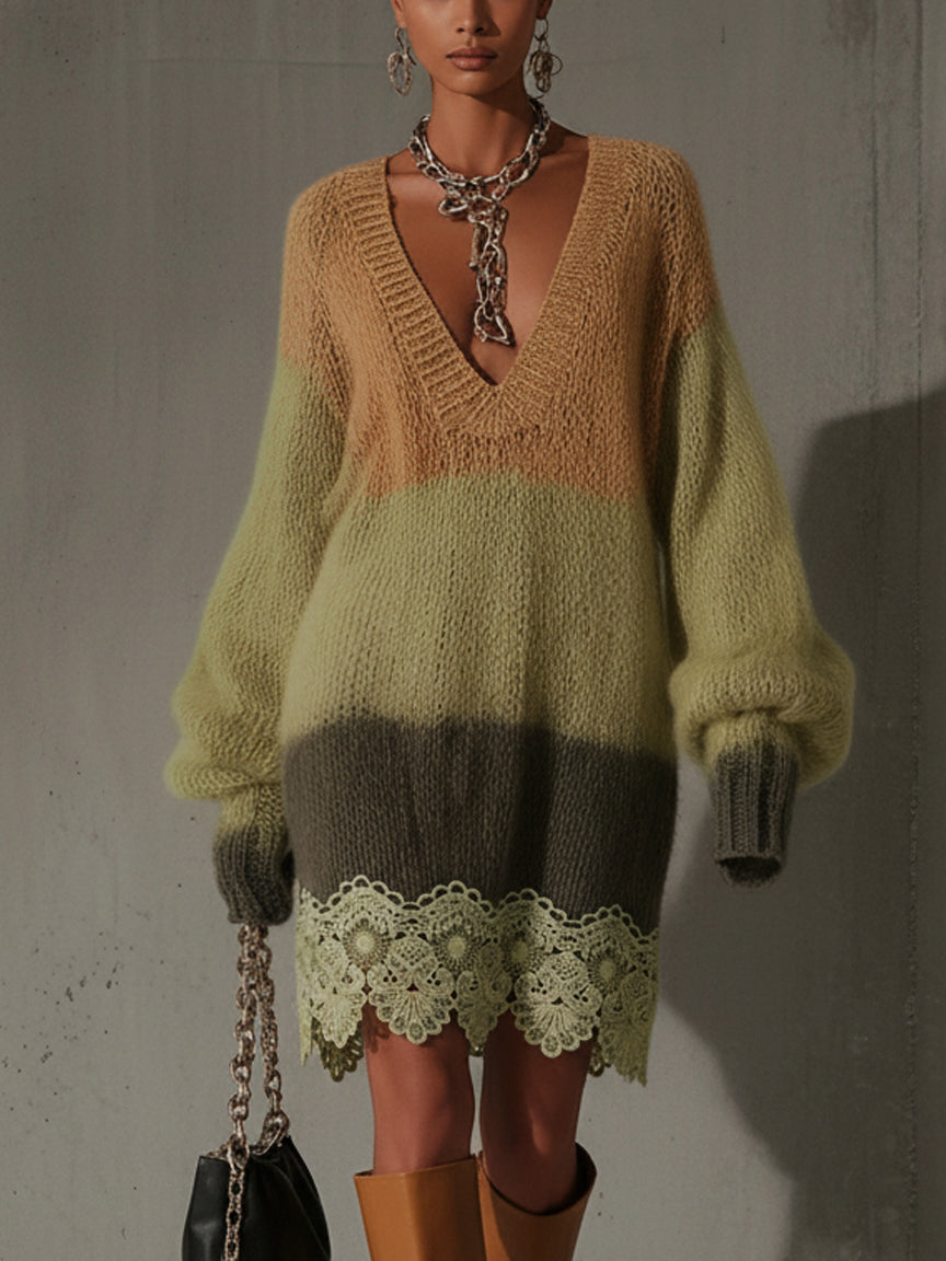 Green Color Block Mohair Knit Mini Dress With Lace Hem