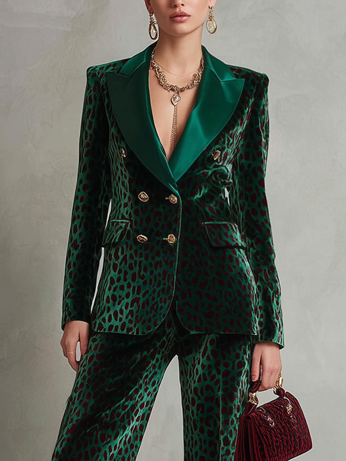 Emerald Velvet Leopard Print Double Breasted Gold Button Suit