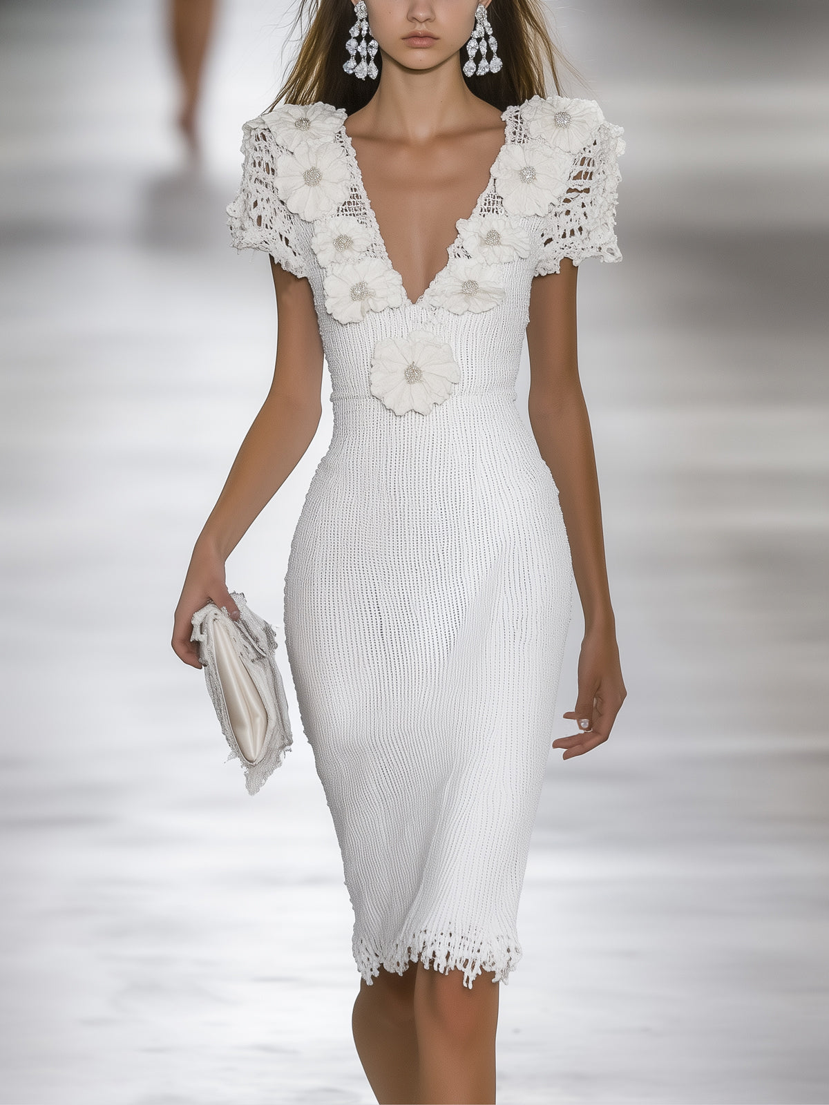 White Crochet Knit 3D Floral Deep V-Neck Short Sleeve Midi Dress