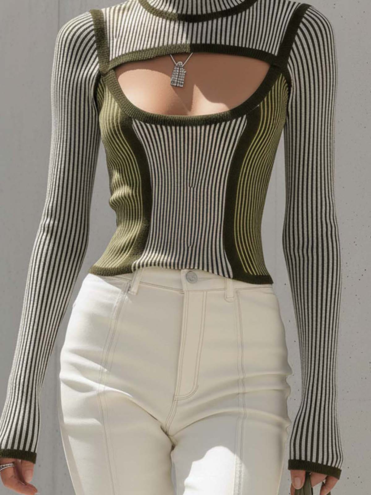 Color-blocked Knitted Openwork Turtleneck Sweater