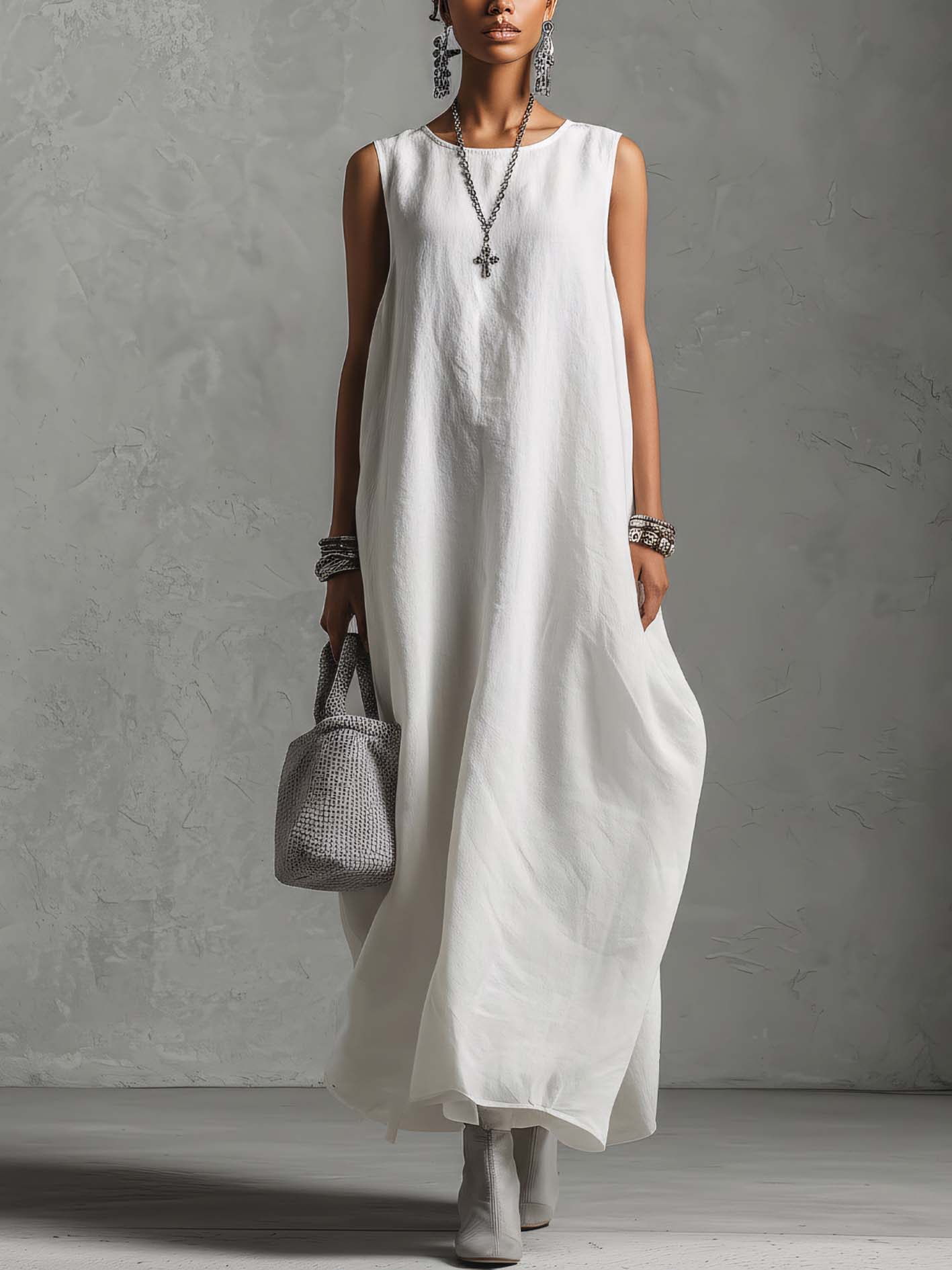 Gray And White Cotton Linen Dress Set