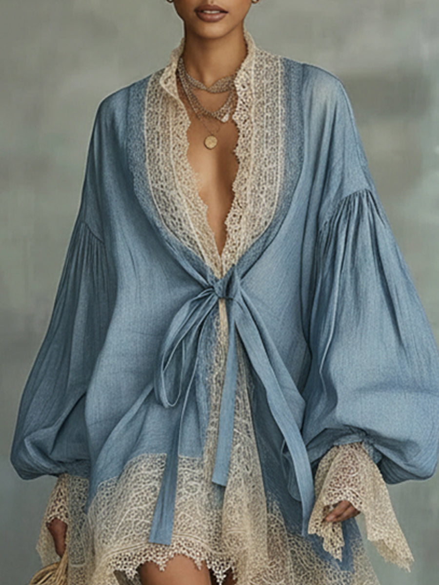 Blue Linen Blend Lace Trimmed Loose Dress