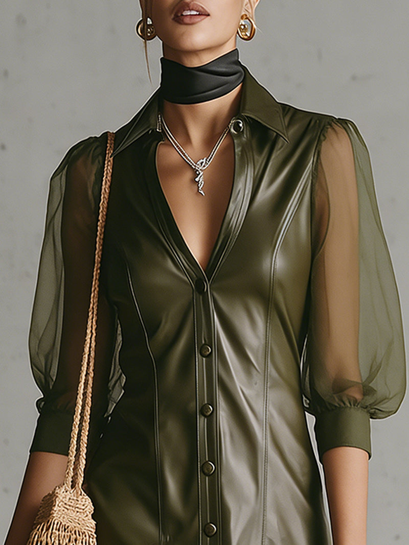 Olive Faux Leather Button‑Up Mini Dress With Sheer Puff Sleeves