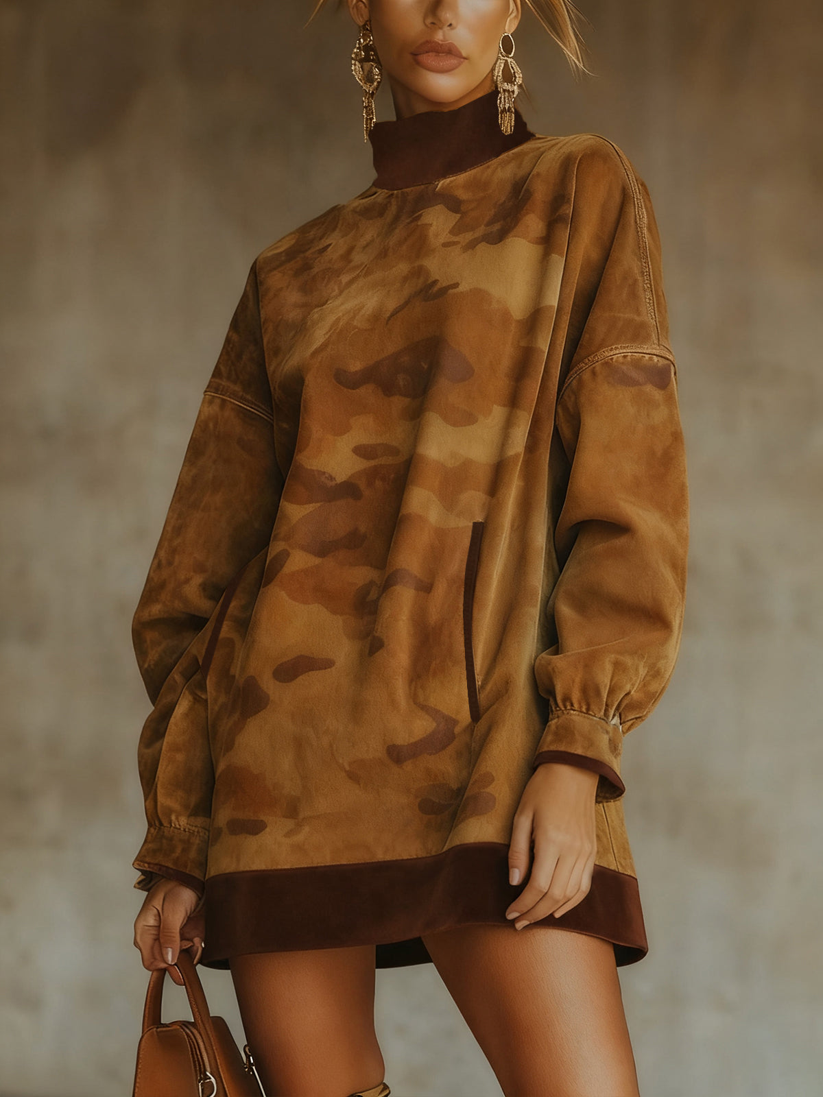 Caramel Camo Faux Suede Turtleneck Mini Dress