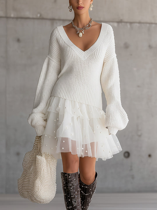 White V-Neck Knit Mini Dress With Layered Tulle Pearl Skirt