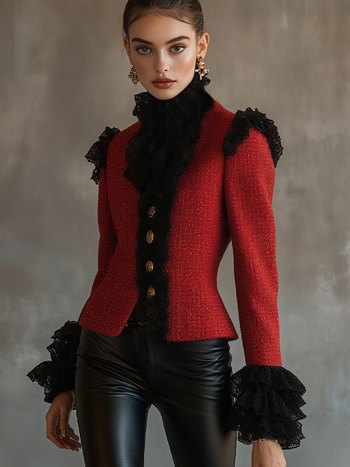 Red Tweed Jacket With Lace Ruffle Detail