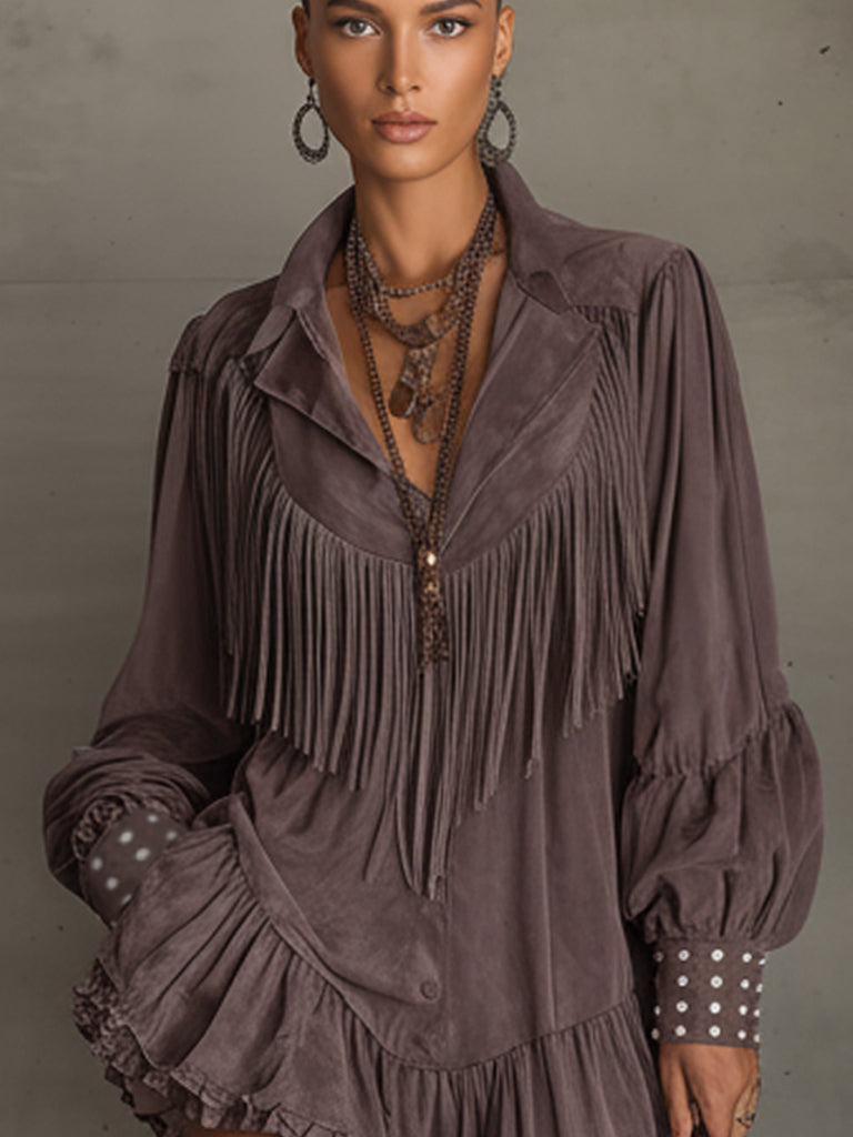 Vintage Plum Suede Fringe Mini Dress