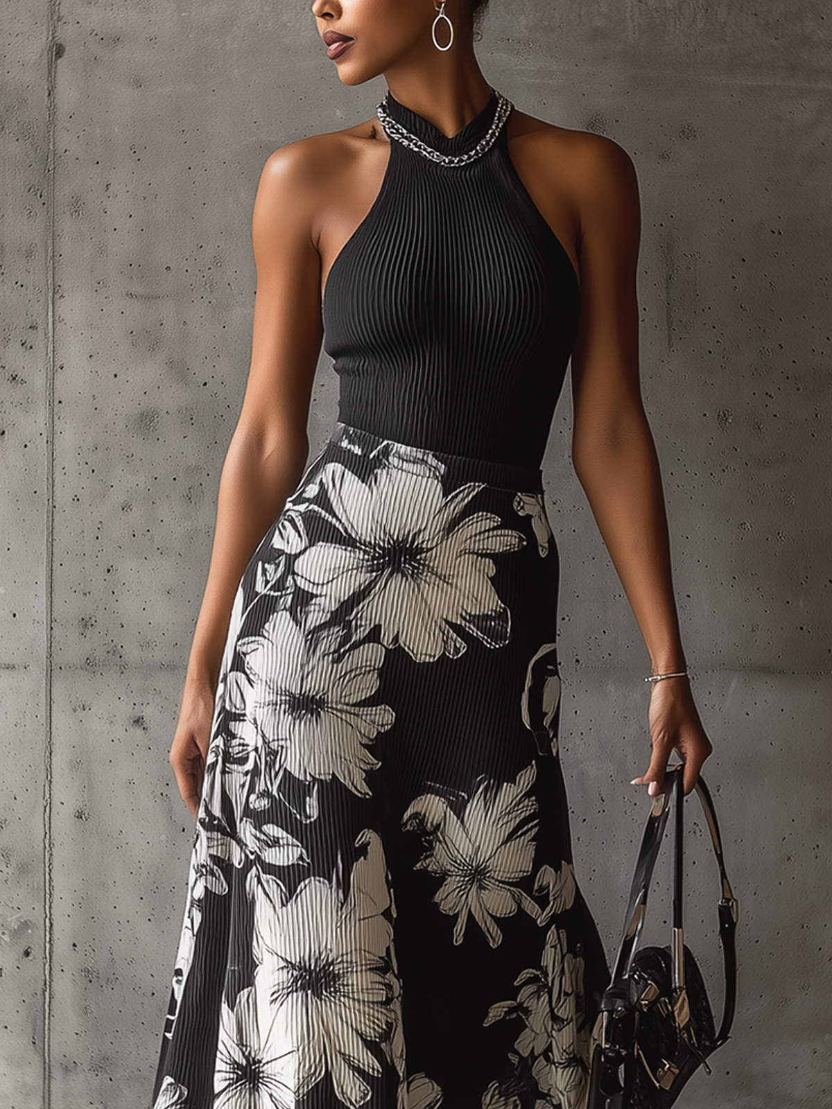 Halter-Neck Pleated Midi Dress With Floral Print And Asymmetric Hem