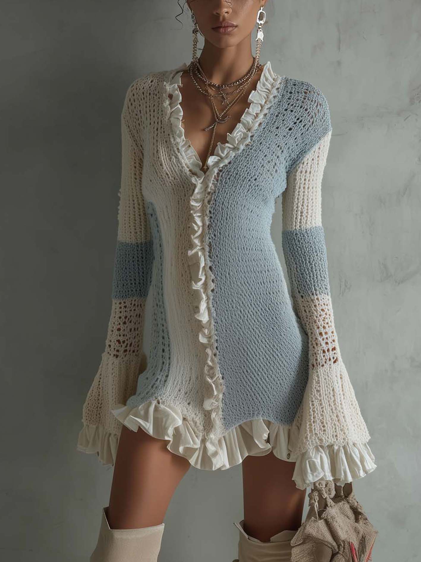 Sky Blue And White Ruffled Patchwork Knit Mini Dress