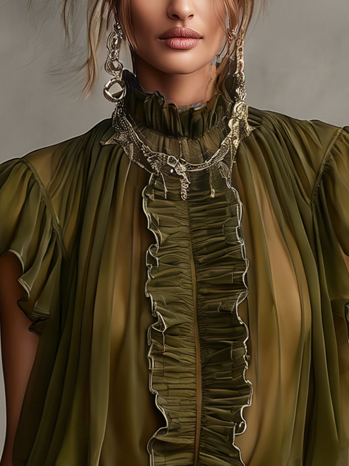 Olive Green Sheer Ruffled High-Neck Blouse