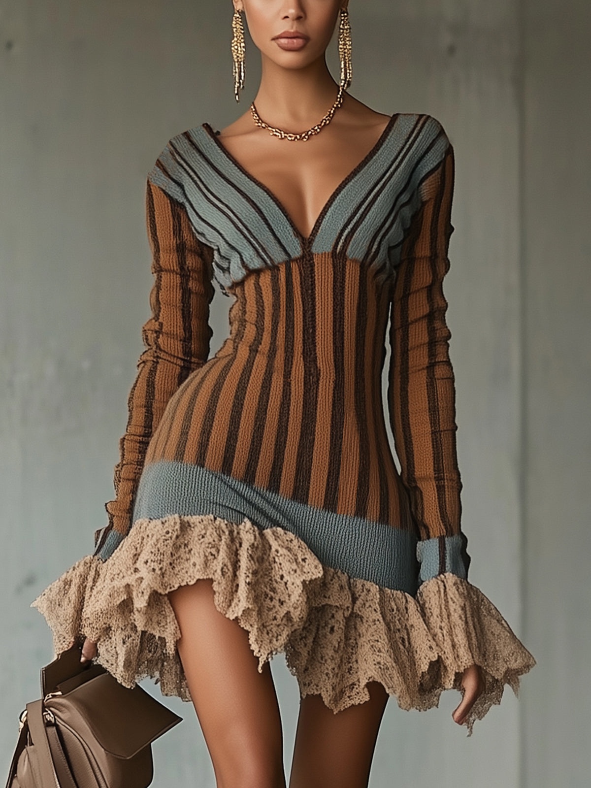 Striped Knit Dress With Crochet Ruffle Hem