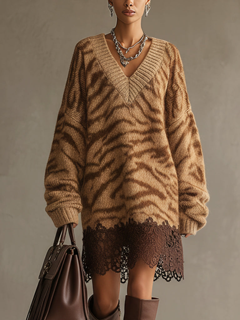 Brown Tiger Print Knit Lace Hem Long Sleeve Mini Dress