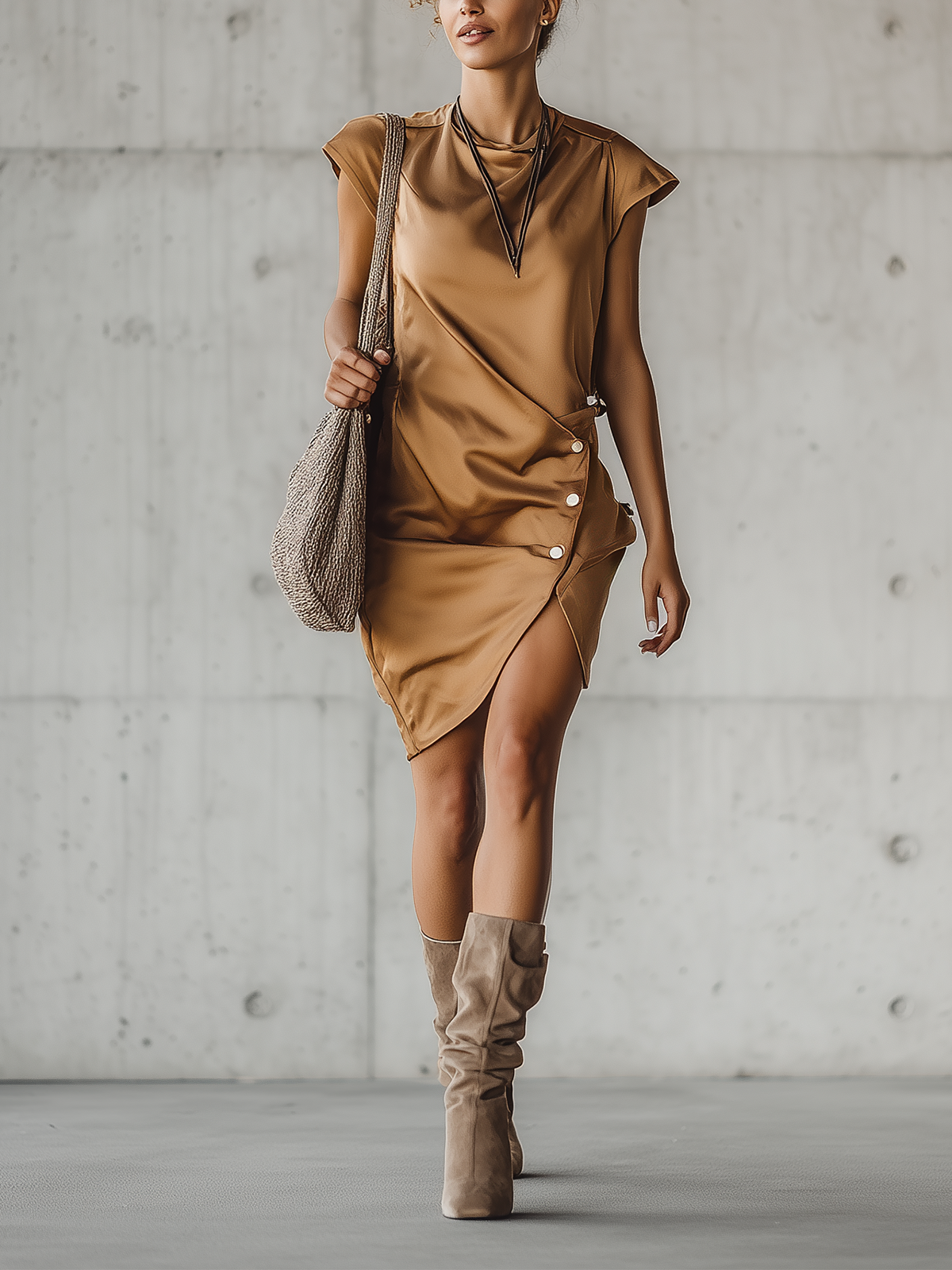 Golden Satin Asymmetric Button Detail Mini Dress