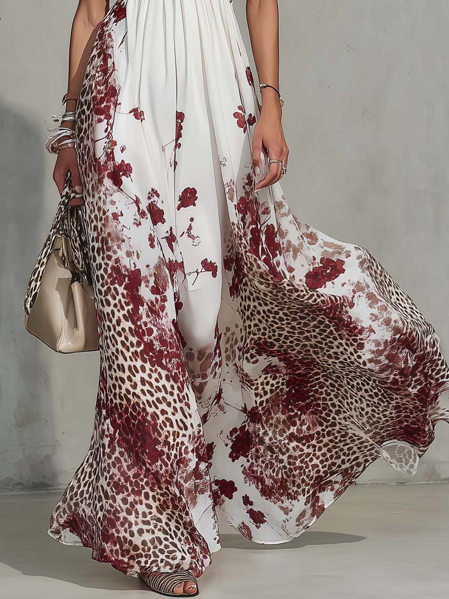 White Chiffon Maxi Dress With Floral And Leopard Print