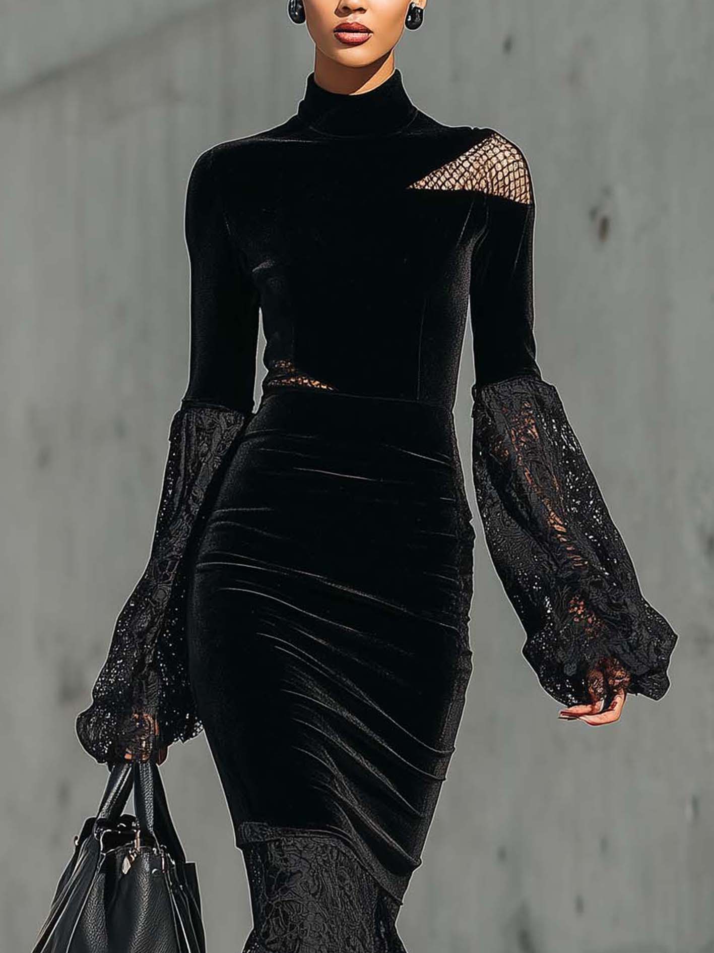 Black Velvet Lace Patchwork Mesh Bodycon Dress