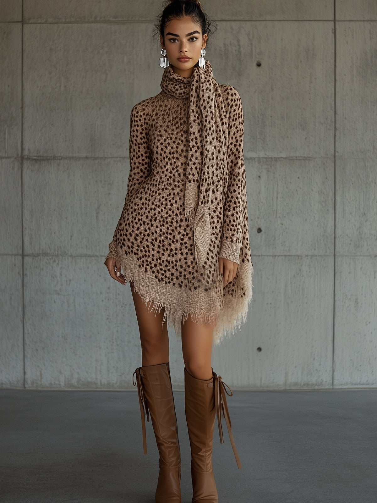 Brown Elegant Speckled Fringe Sweater Dress With Scarf