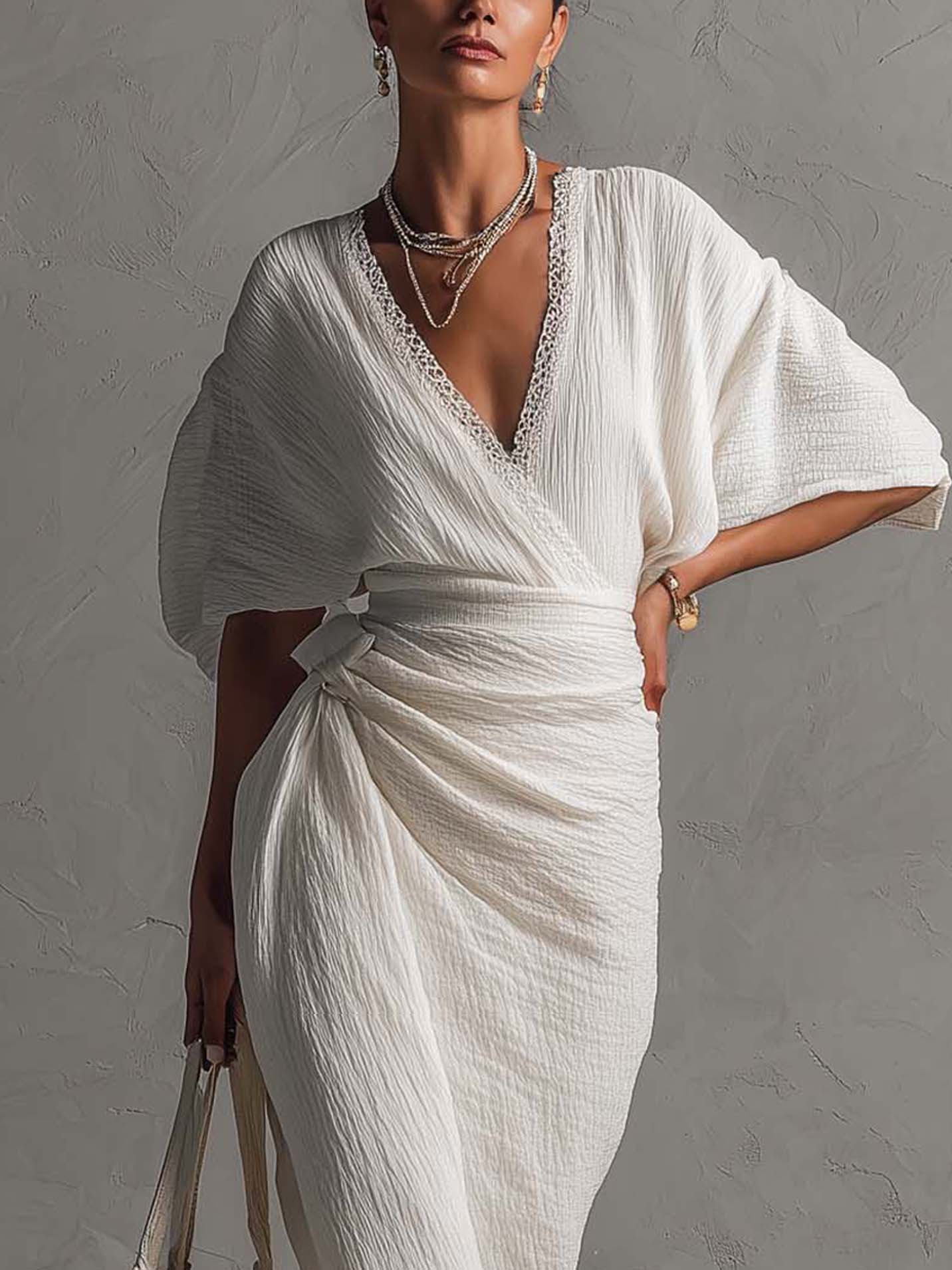 White Textured Cotton Linen Maxi Dress With Lace Trim