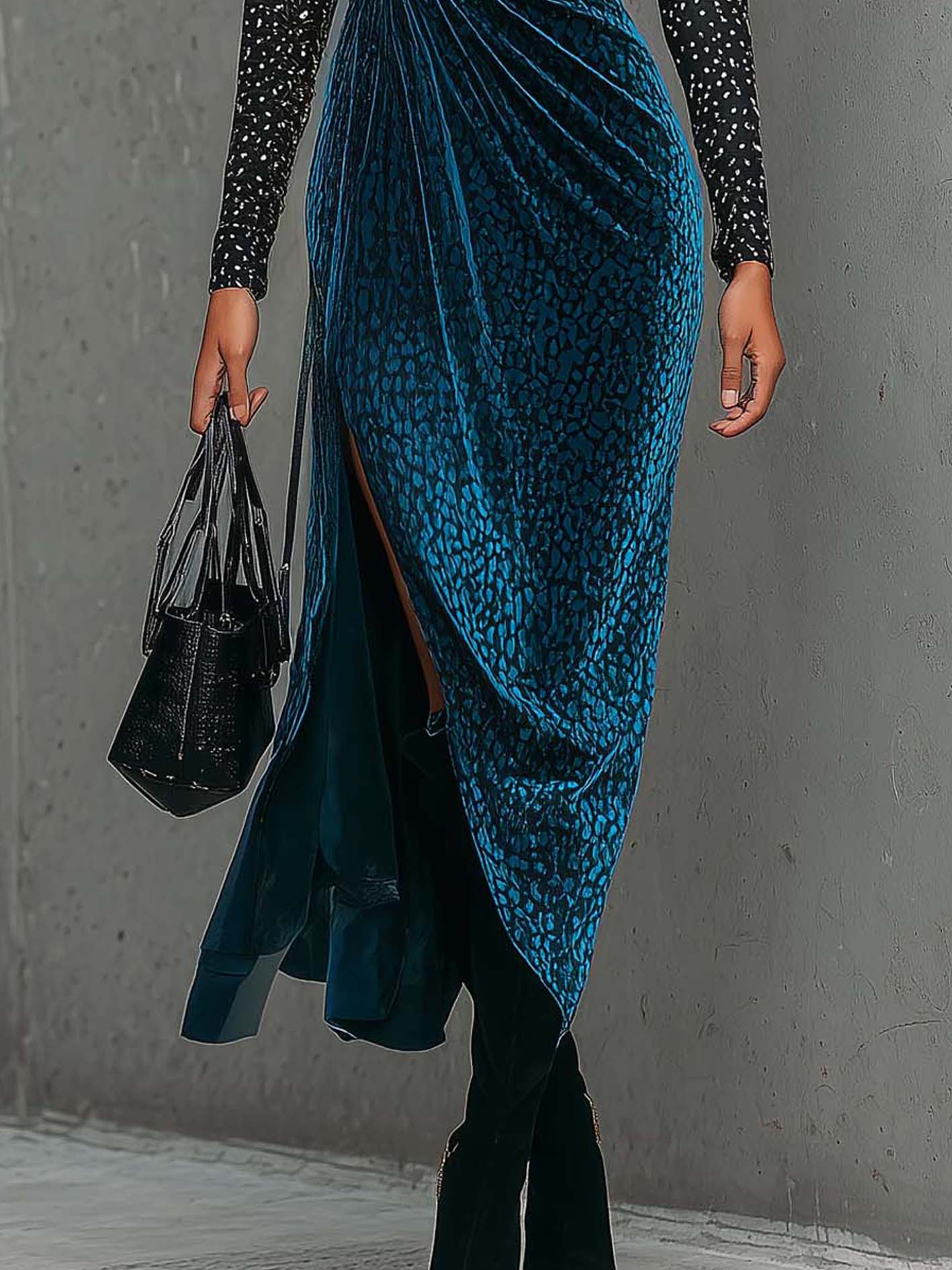 Peacock Blue Velvet Vintage Pattern Mesh Panel Bodycon Dress