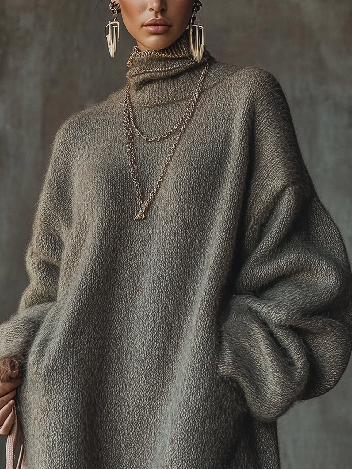 Gray Turtleneck Knit Mini Dress With Faux Fur Trim