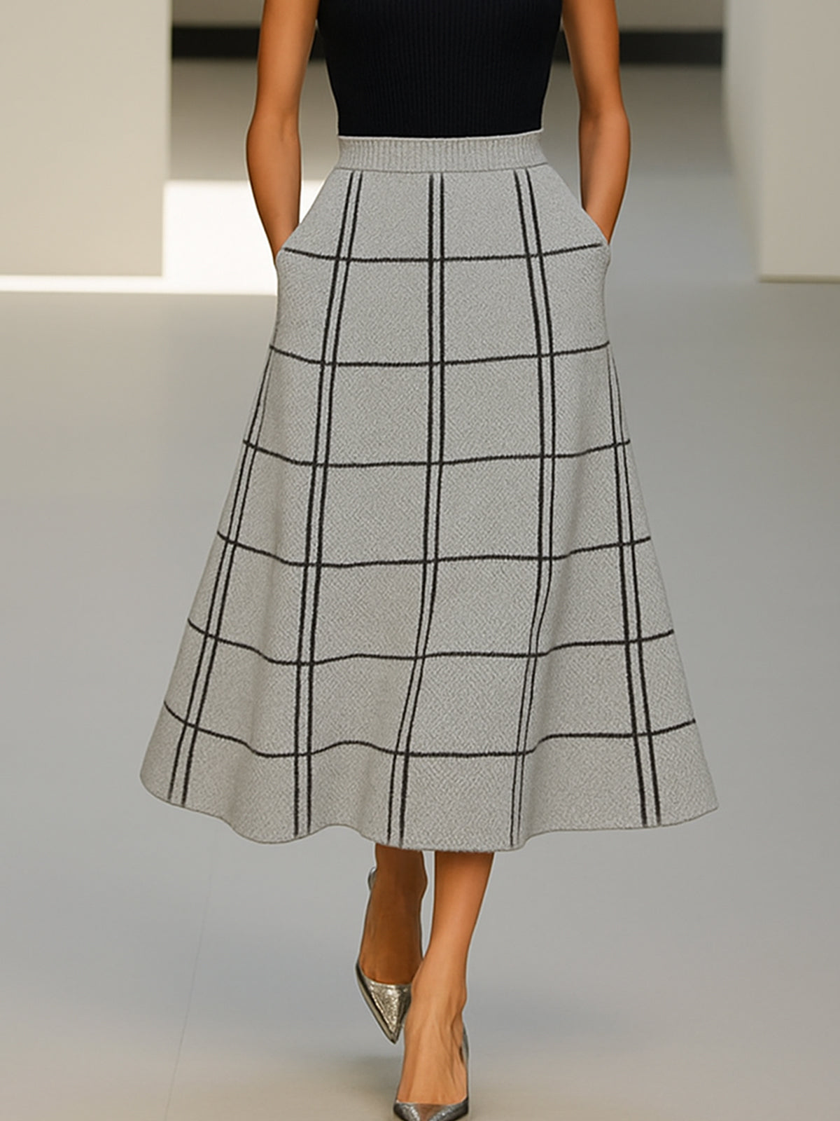 Black Sleeveless Turtleneck With Gray Plaid Knit Midi Skirt Set