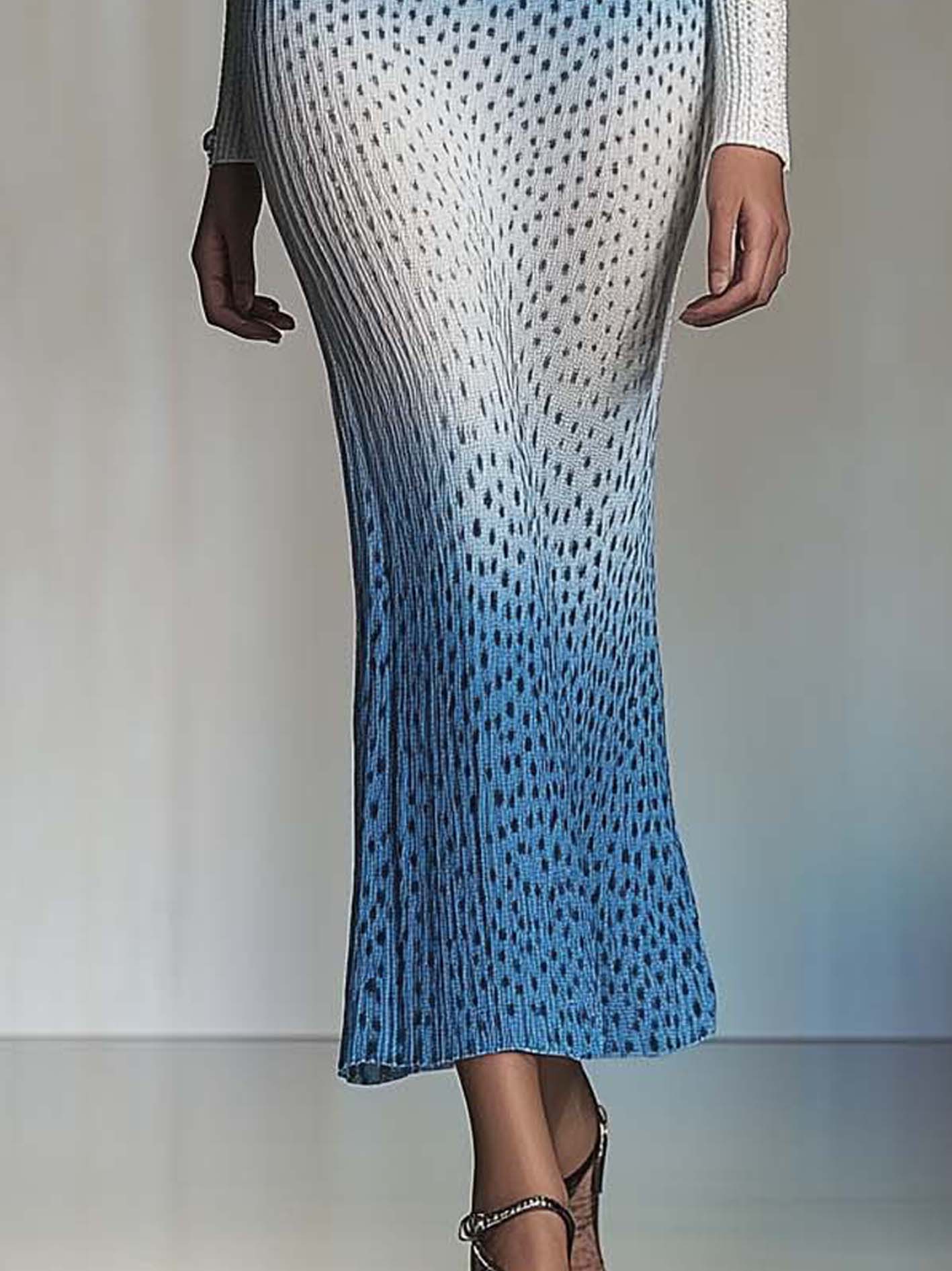 White Knitted Midi Bodycon Dress With Blue Gradient Leopard Print And Sleeves