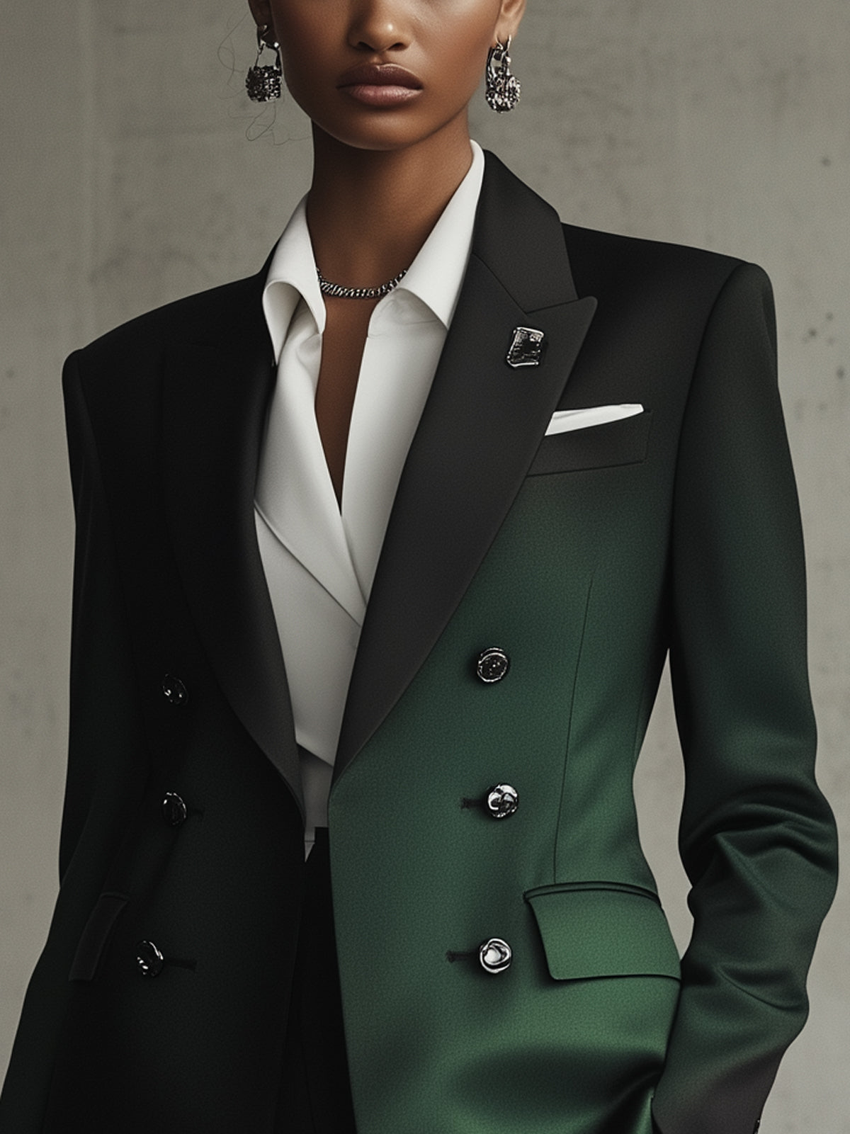 Black And Green Ombre Double Breasted V-Neck Long Sleeved Blazer